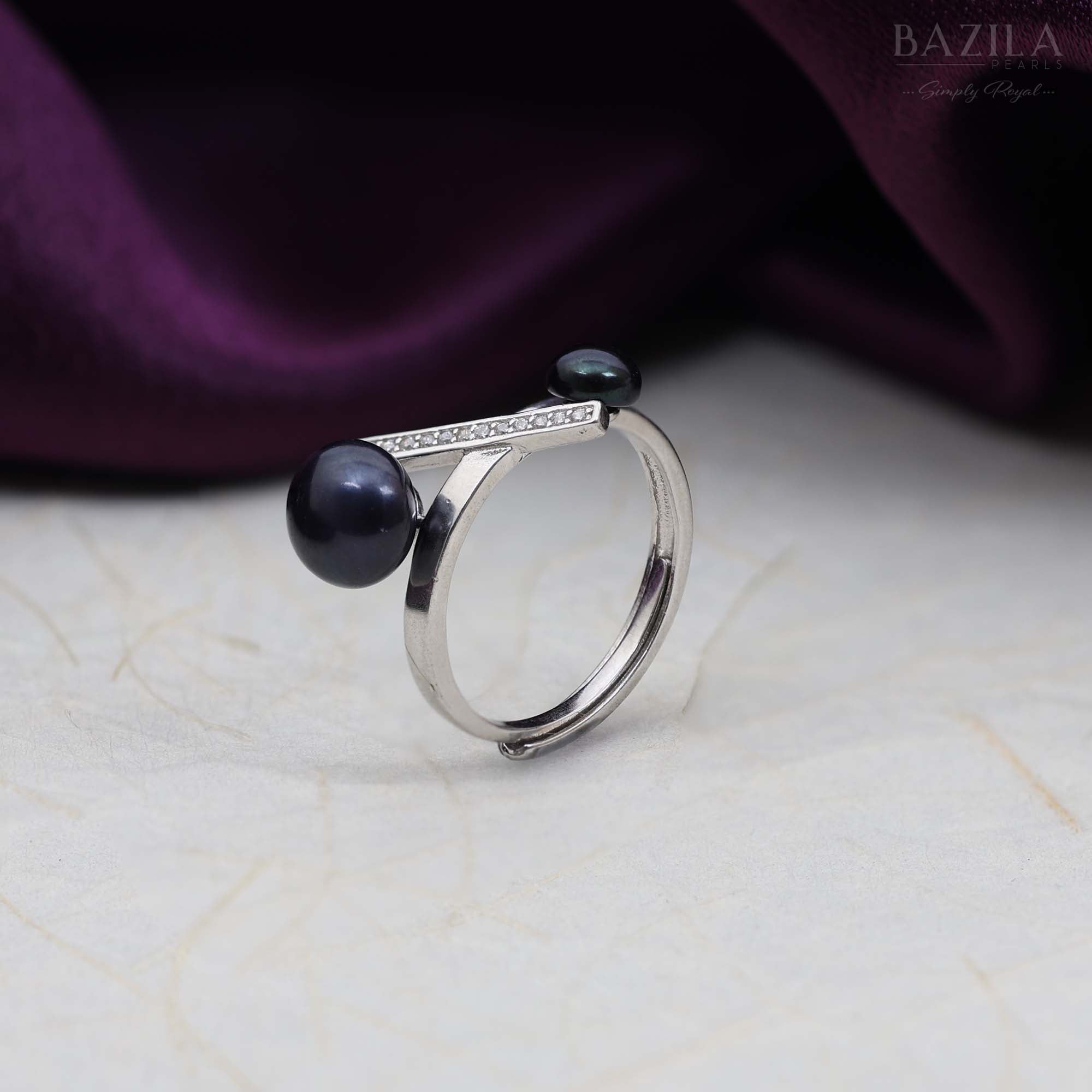 Silver Ring with Twin Black Pearls and Crystal Bar Accent