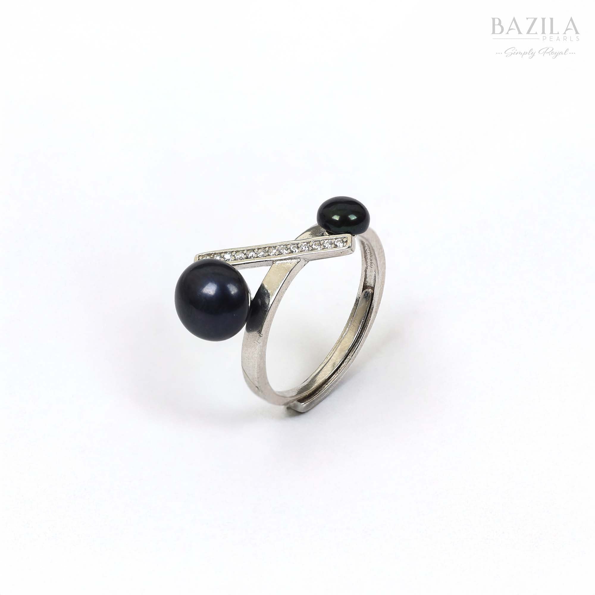 Silver Ring with Twin Black Pearls and Crystal Bar Accent