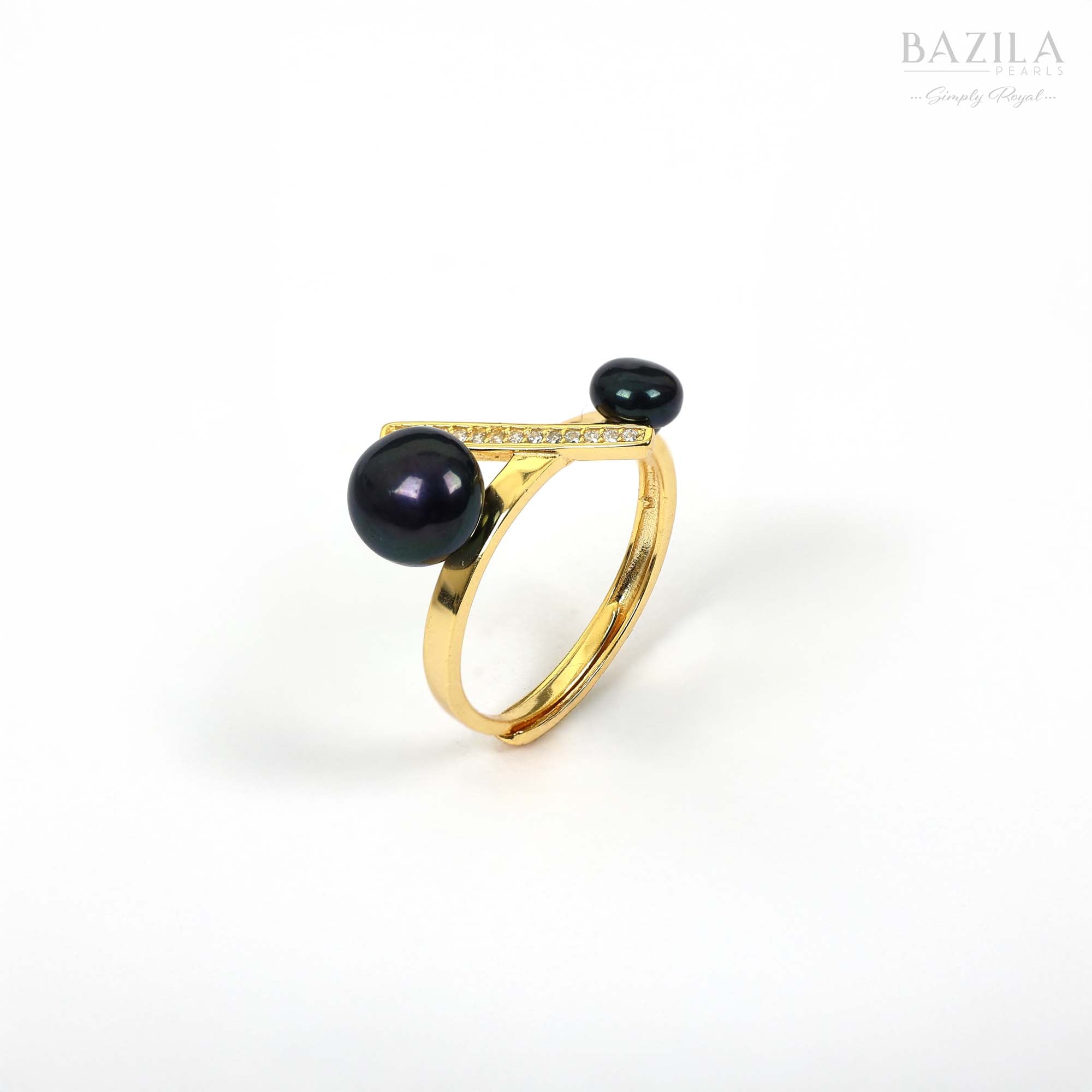 Gold Ring with Dual Black Pearls and Crystal Bar Design