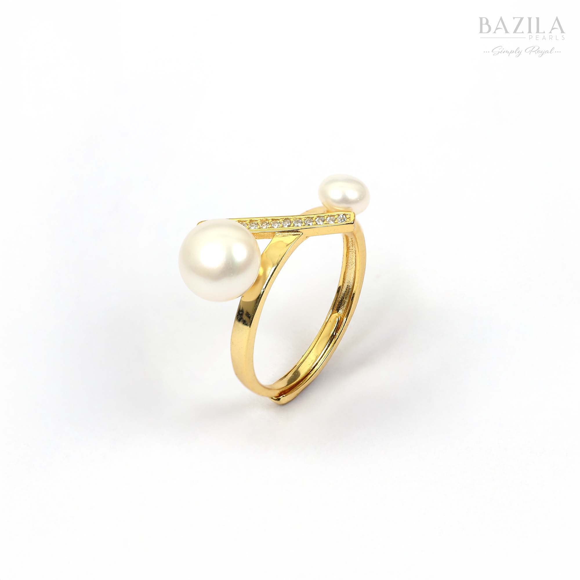 Gold Ring with Twin White Pearls and Crystal Bar Detail