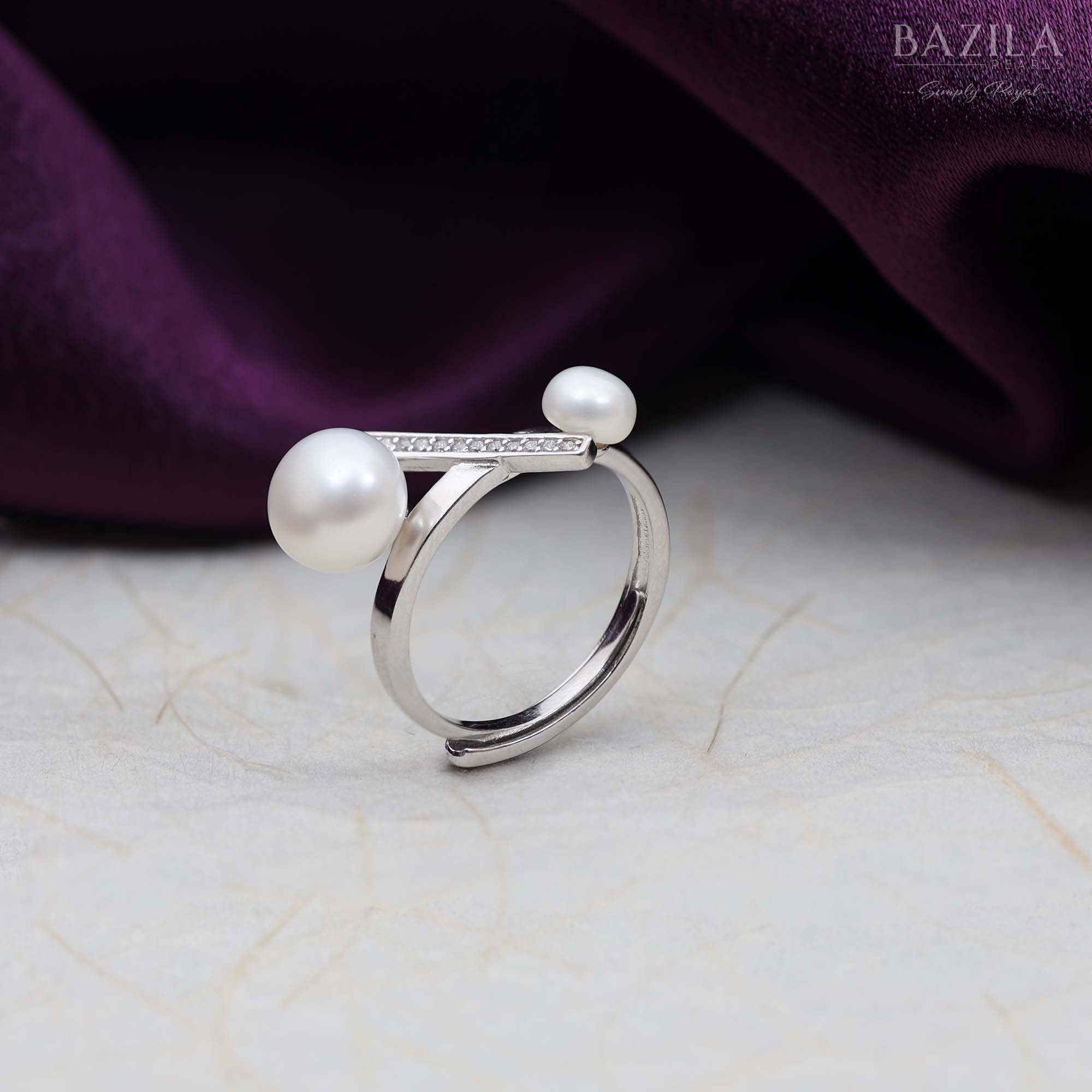 Silver Ring with Twin White Pearls and Crystal Bar Accent