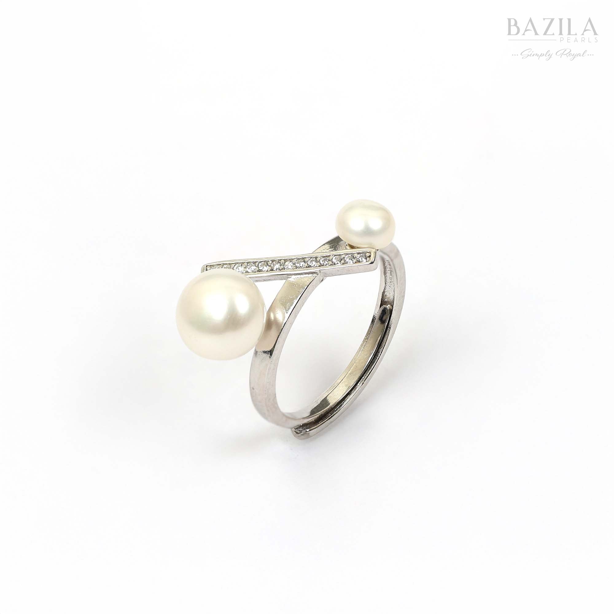 Silver Ring with Twin White Pearls and Crystal Bar Accent