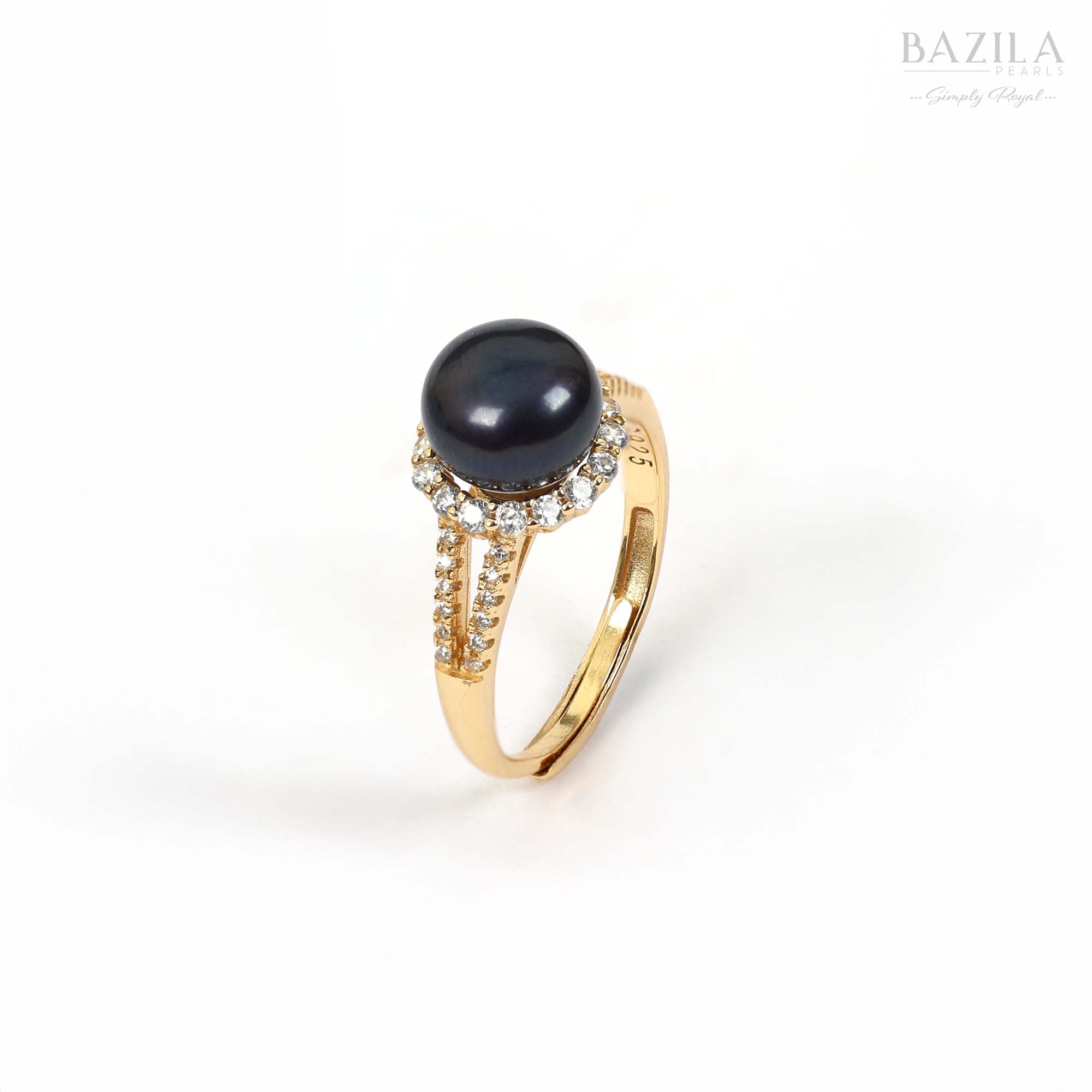 Gold Halo Ring with Black Pearl and Sparkling Accents