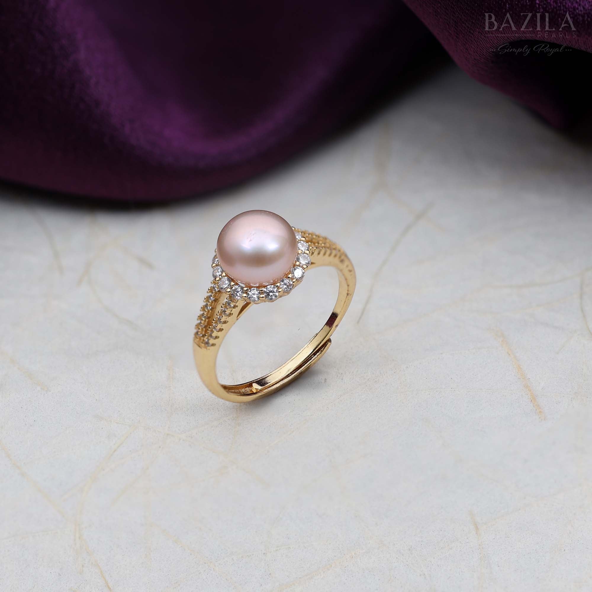 Gold Halo Ring with Pink Pearl and Crystal Accents