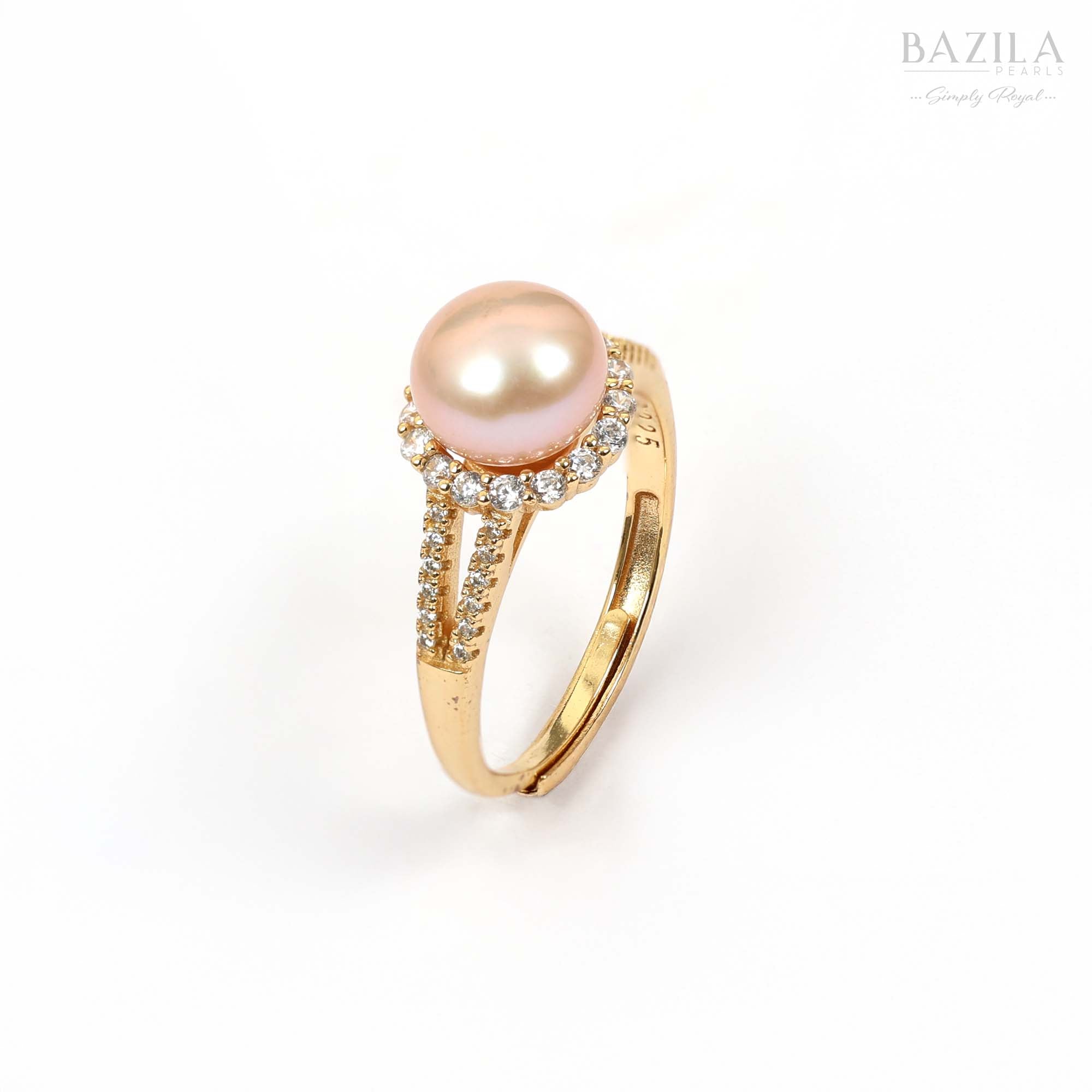 Gold Halo Ring with Pink Pearl and Crystal Accents