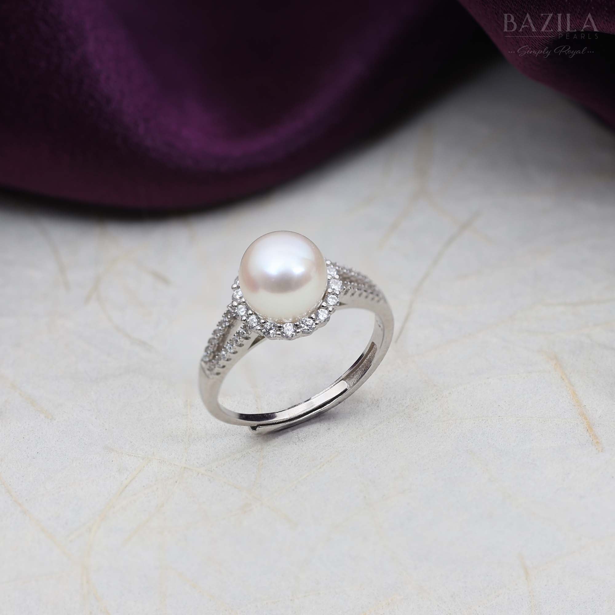 Silver Halo Ring with White Pearl and Crystal Embellishment