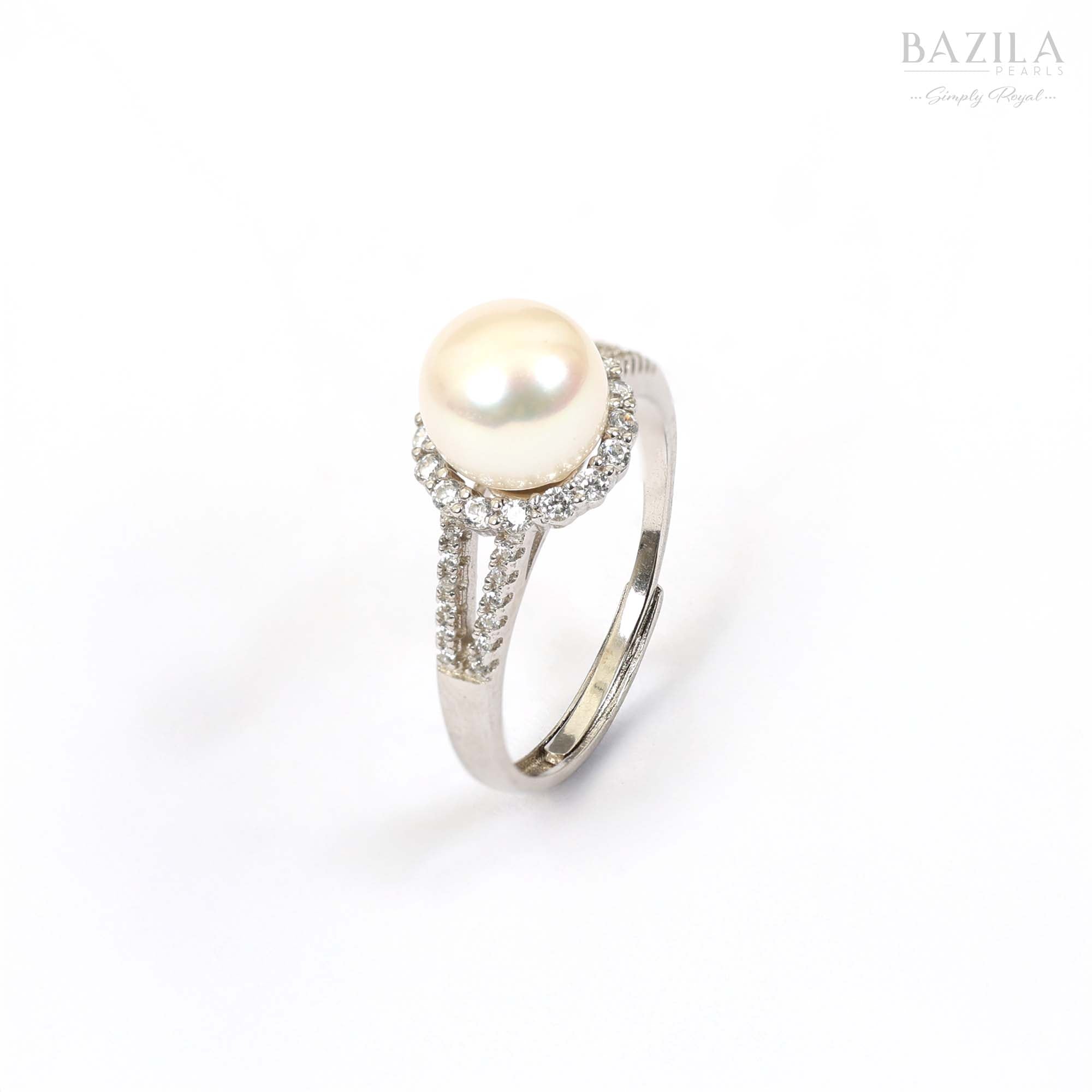 Silver Halo Ring with White Pearl and Crystal Embellishment