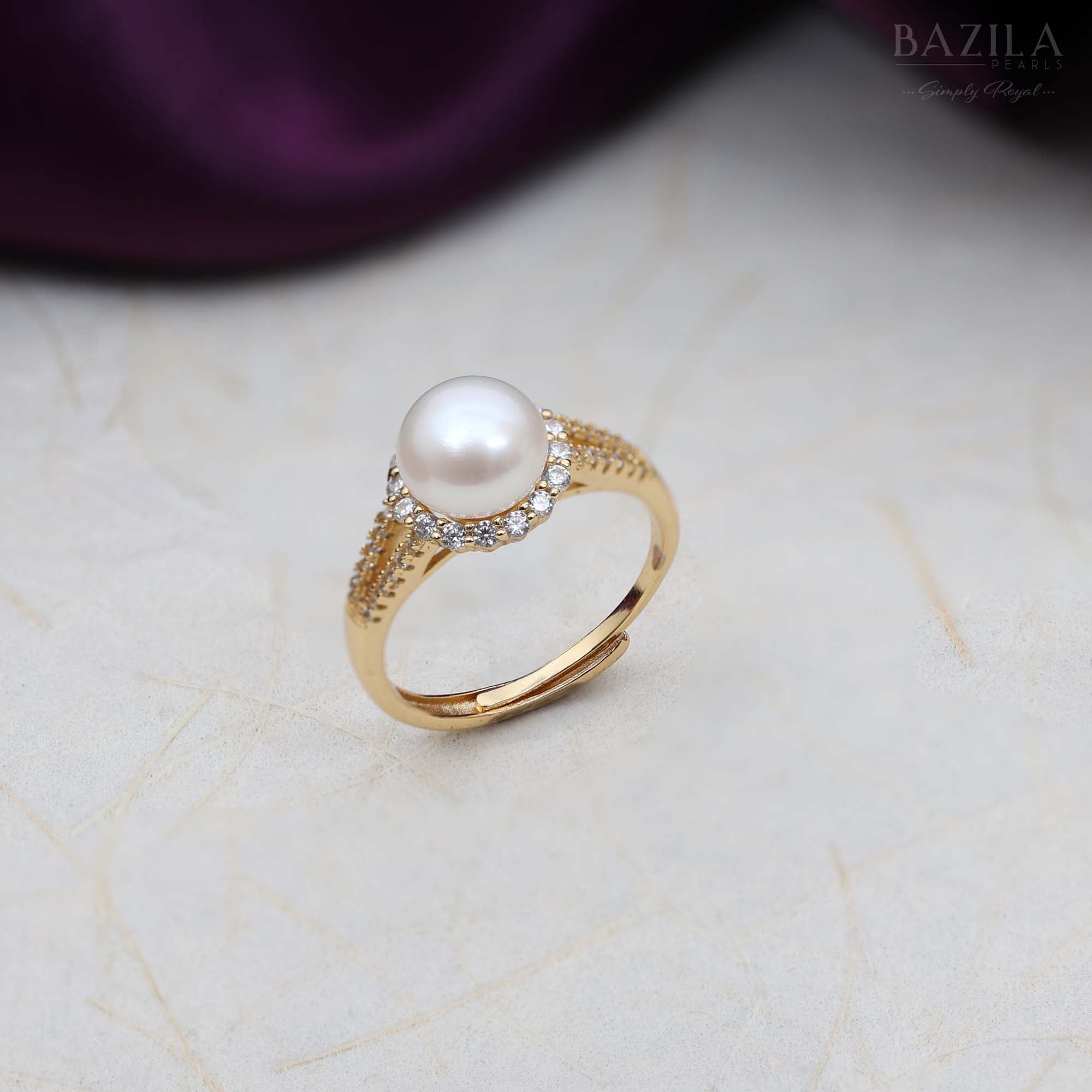 Gold Halo Ring with White Pearl & Crystal Sparkle