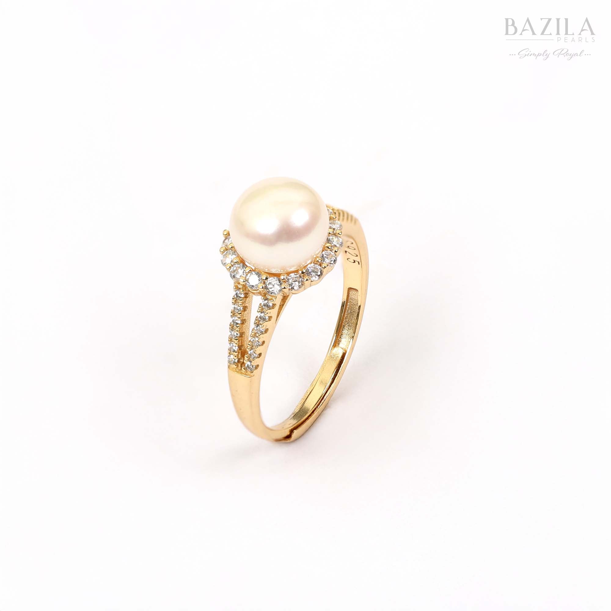 Gold Halo Ring with White Pearl & Crystal Sparkle
