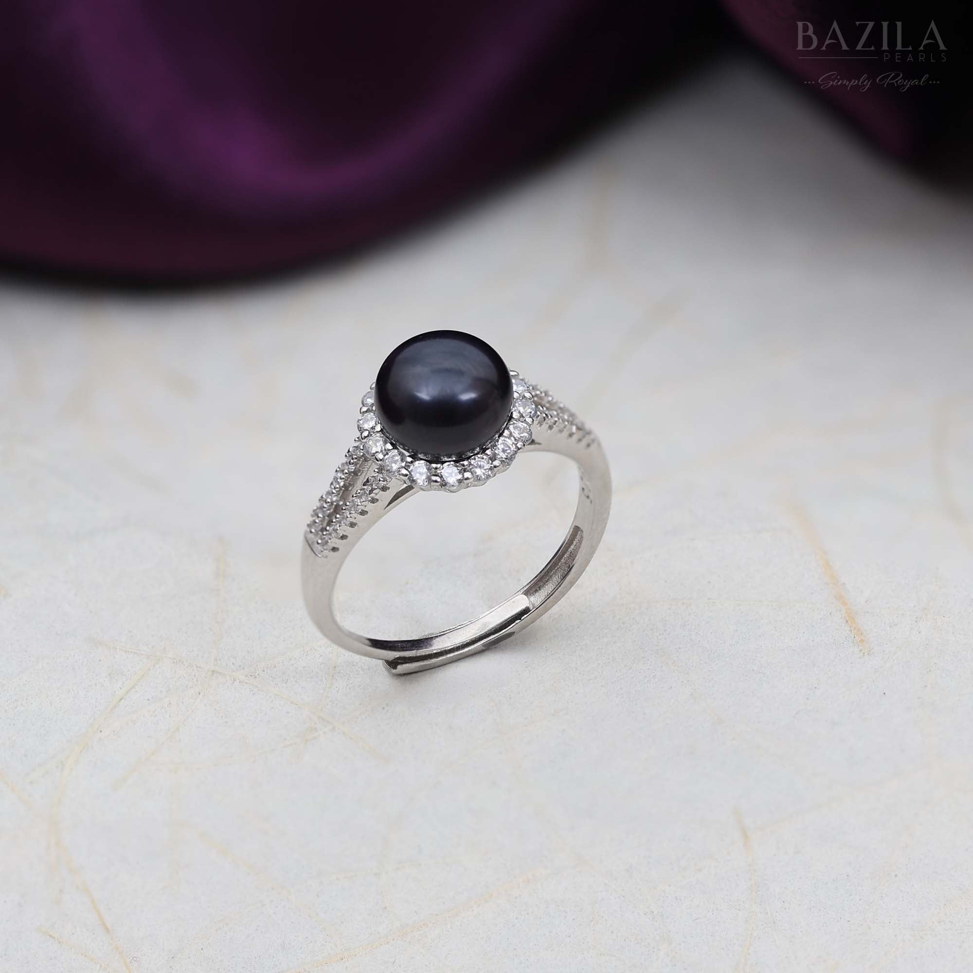 Silver Halo Ring with Black Pearl Accent