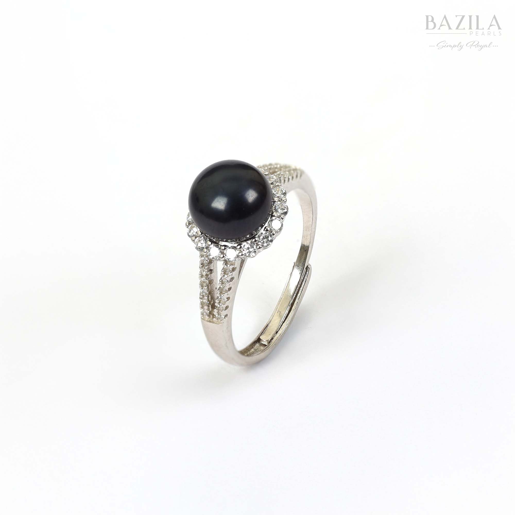 Silver Halo Ring with Black Pearl Accent