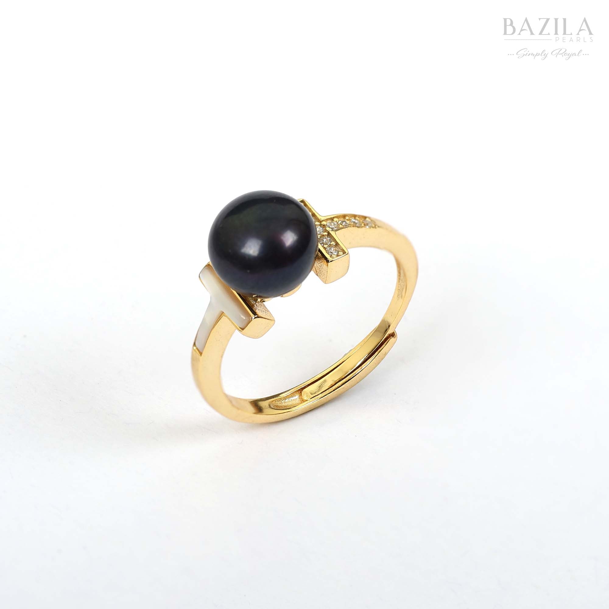 Gold Ring with Black Pearl & Shining T Design