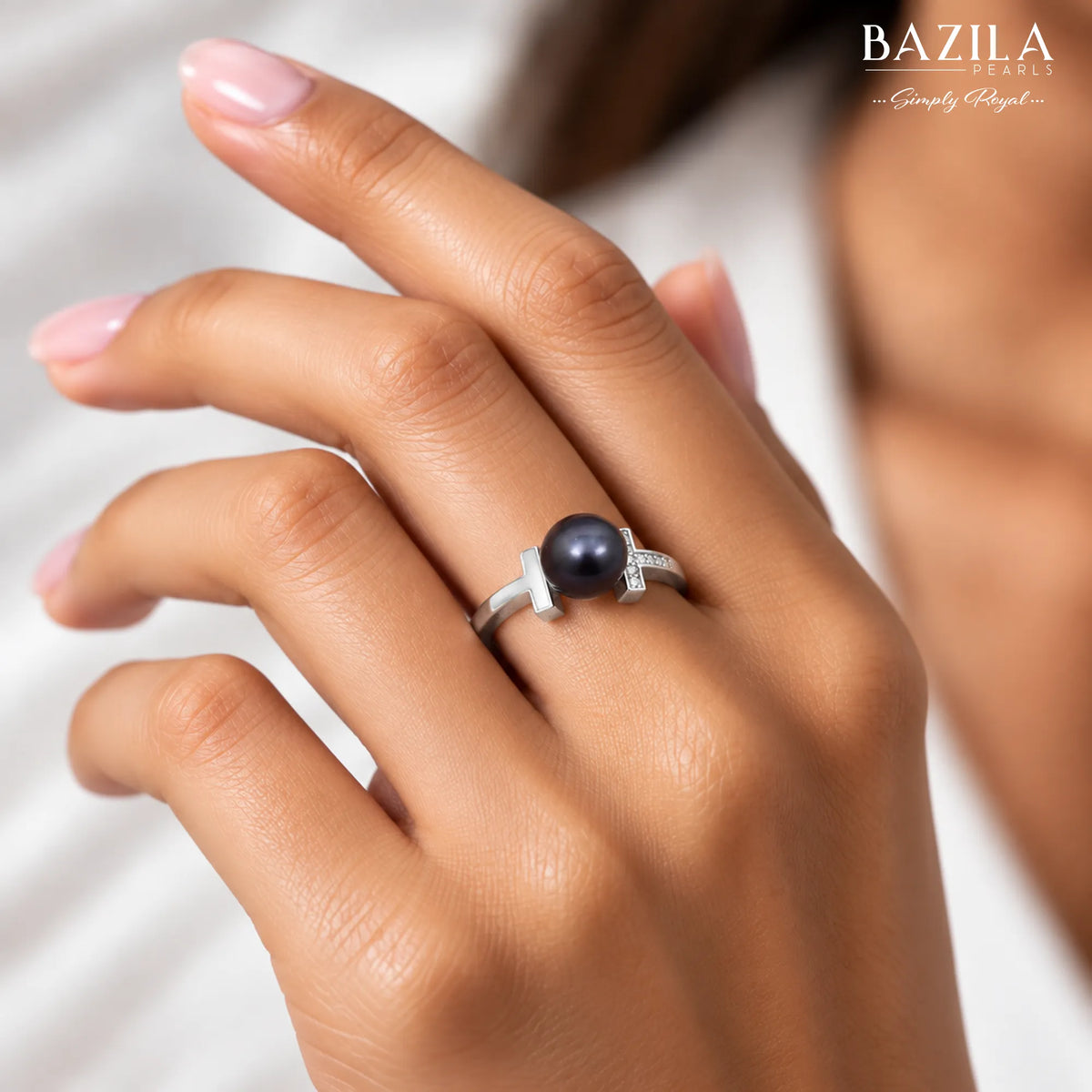 Silver Ring with Black Pearl & Stylish T Motif