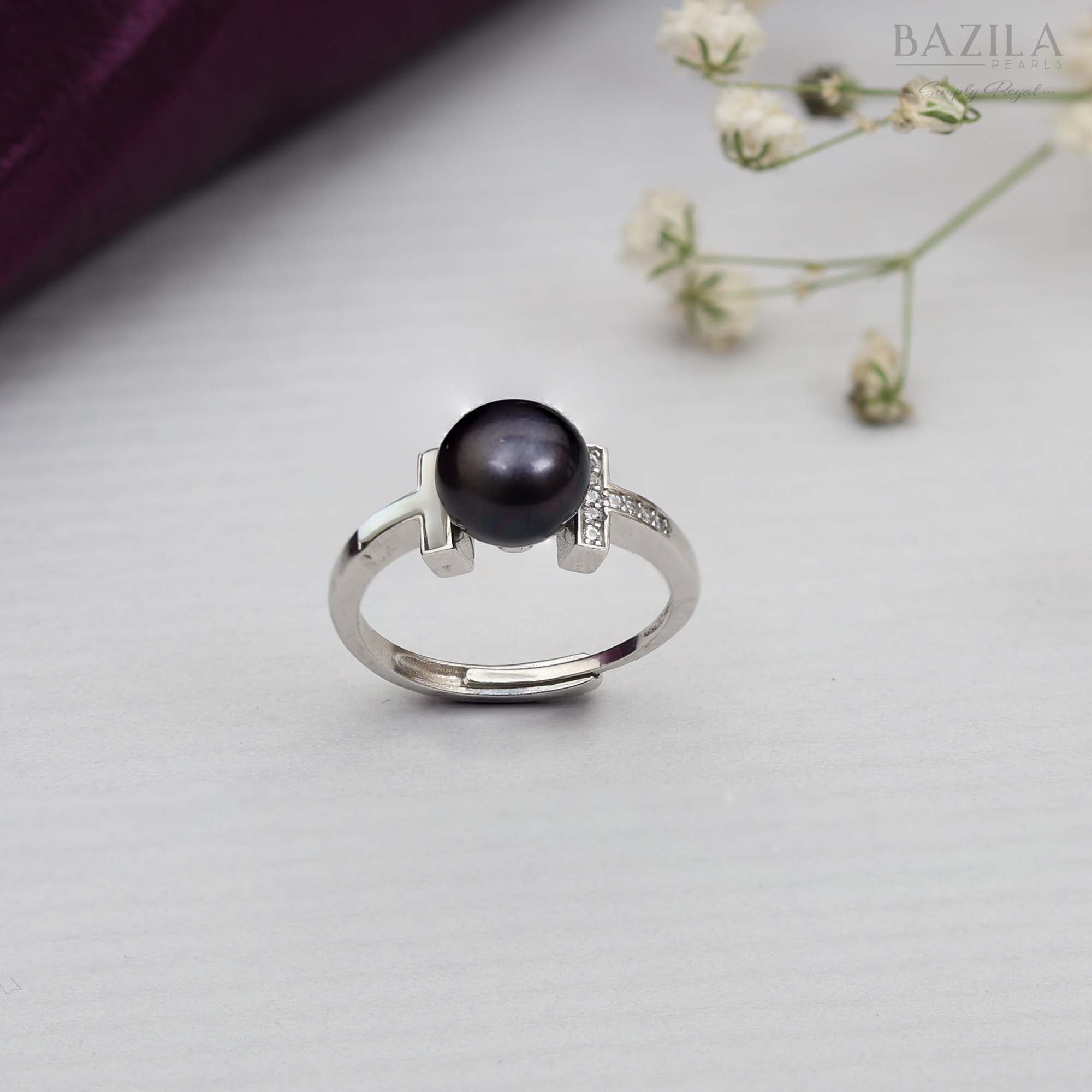 Silver Ring with Black Pearl & Stylish T Motif