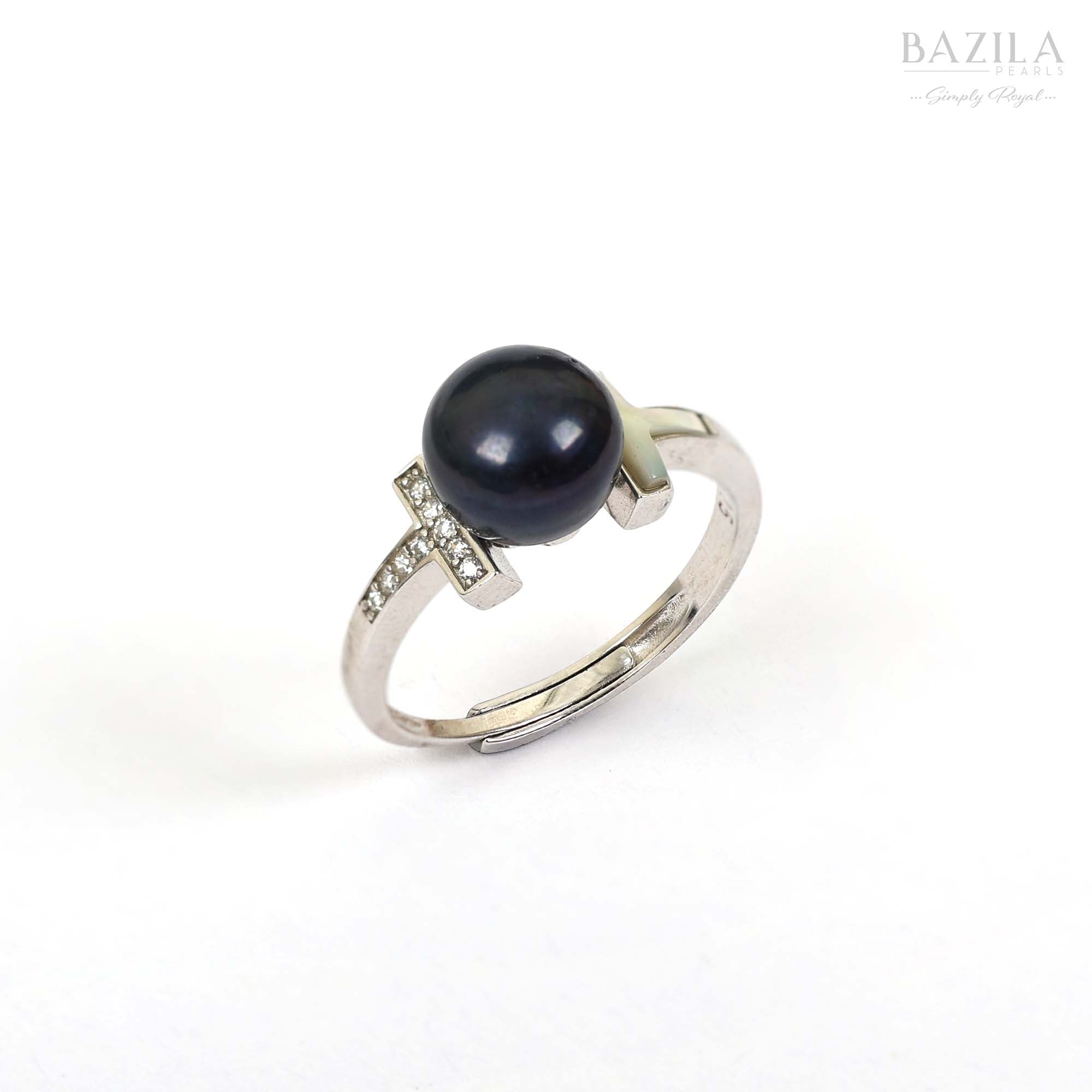 Silver Ring with Black Pearl & Stylish T Motif