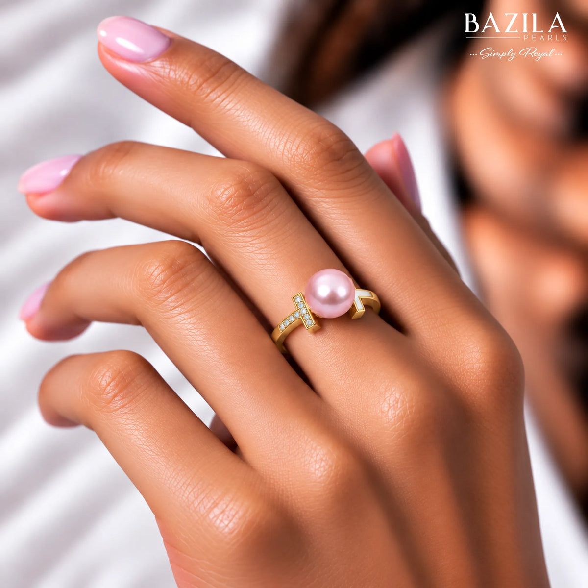 Blush Pink Pearl Ring with Golden T-Bar Accent