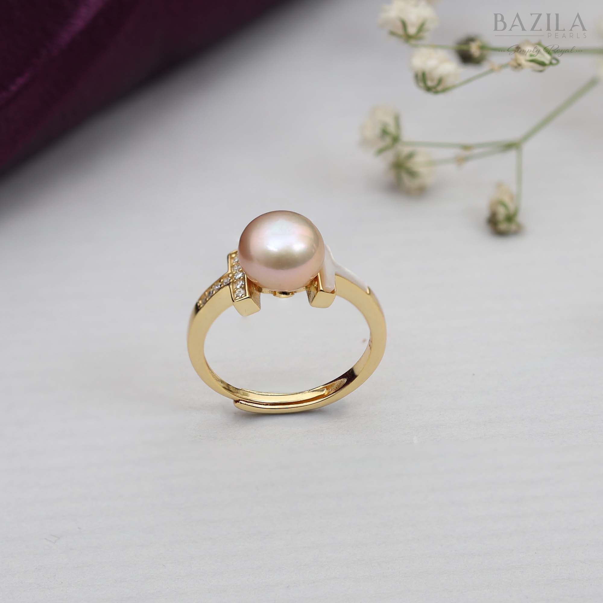 Blush Pink Pearl Ring with Golden T-Bar Accent