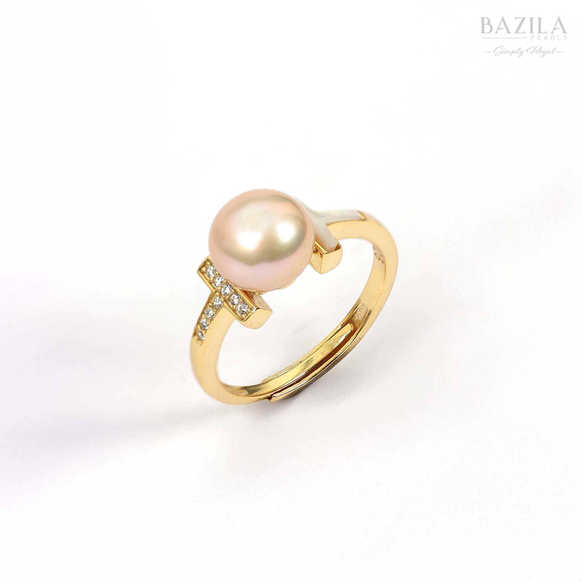 Blush Pink Pearl Ring with Golden T-Bar Accent