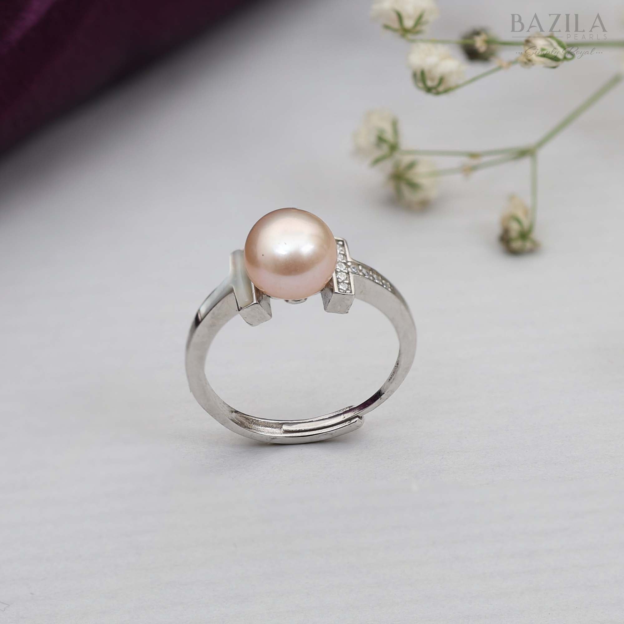Silver T-Bar Ring with Blush Pink Pearl