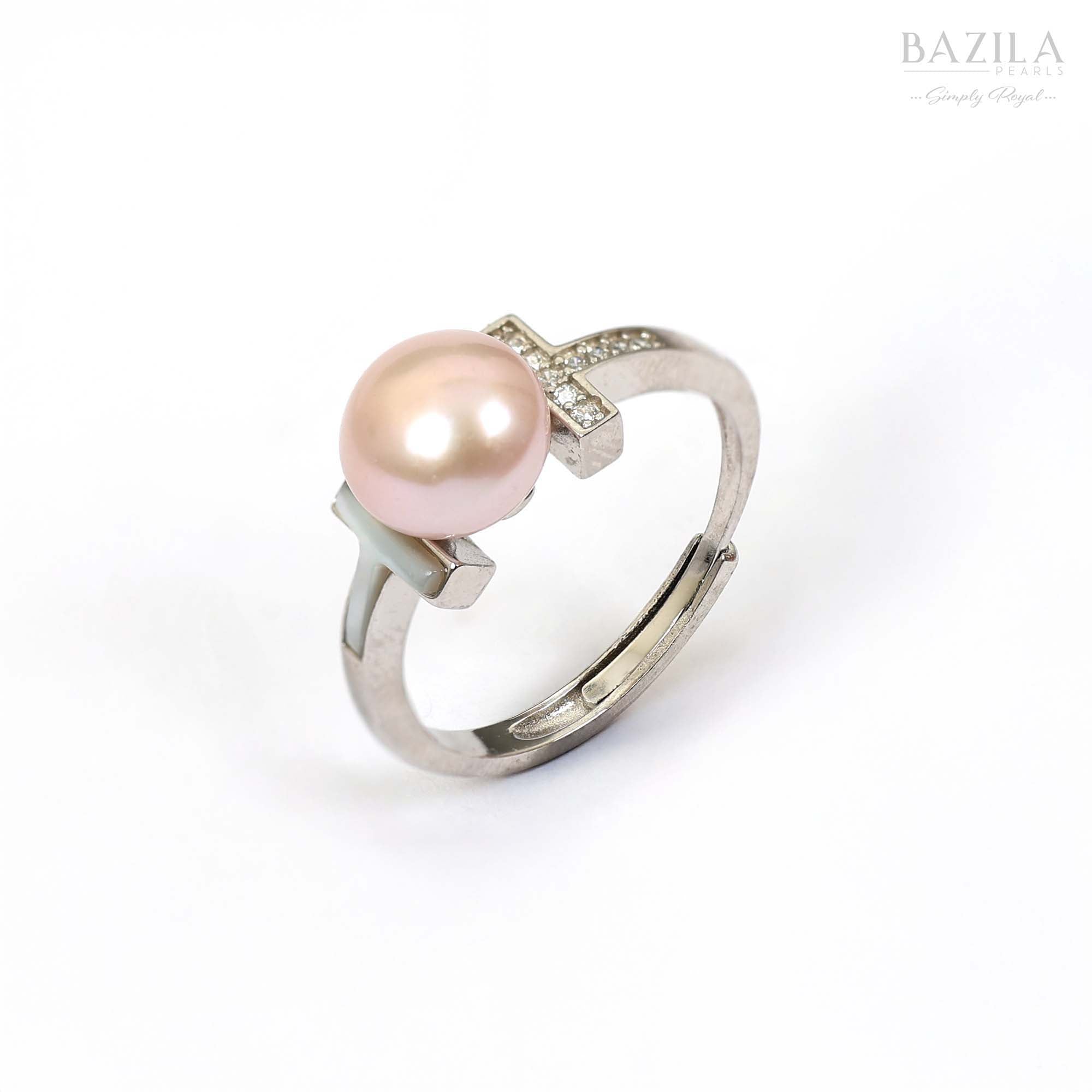 Silver T-Bar Ring with Blush Pink Pearl