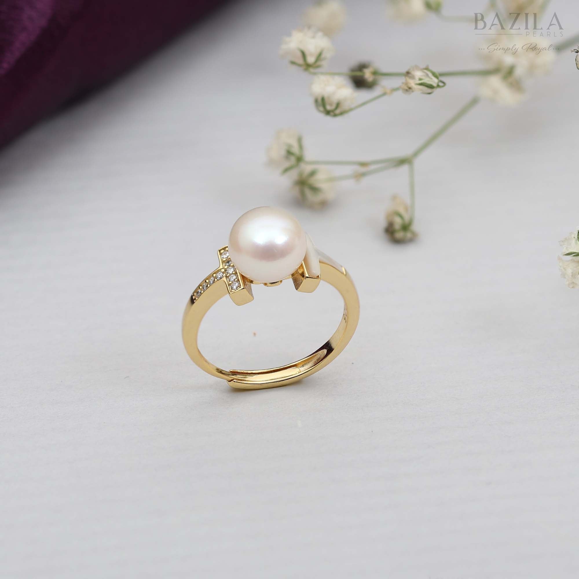 Gold T-Bar Ring with Lustrous White Pearl