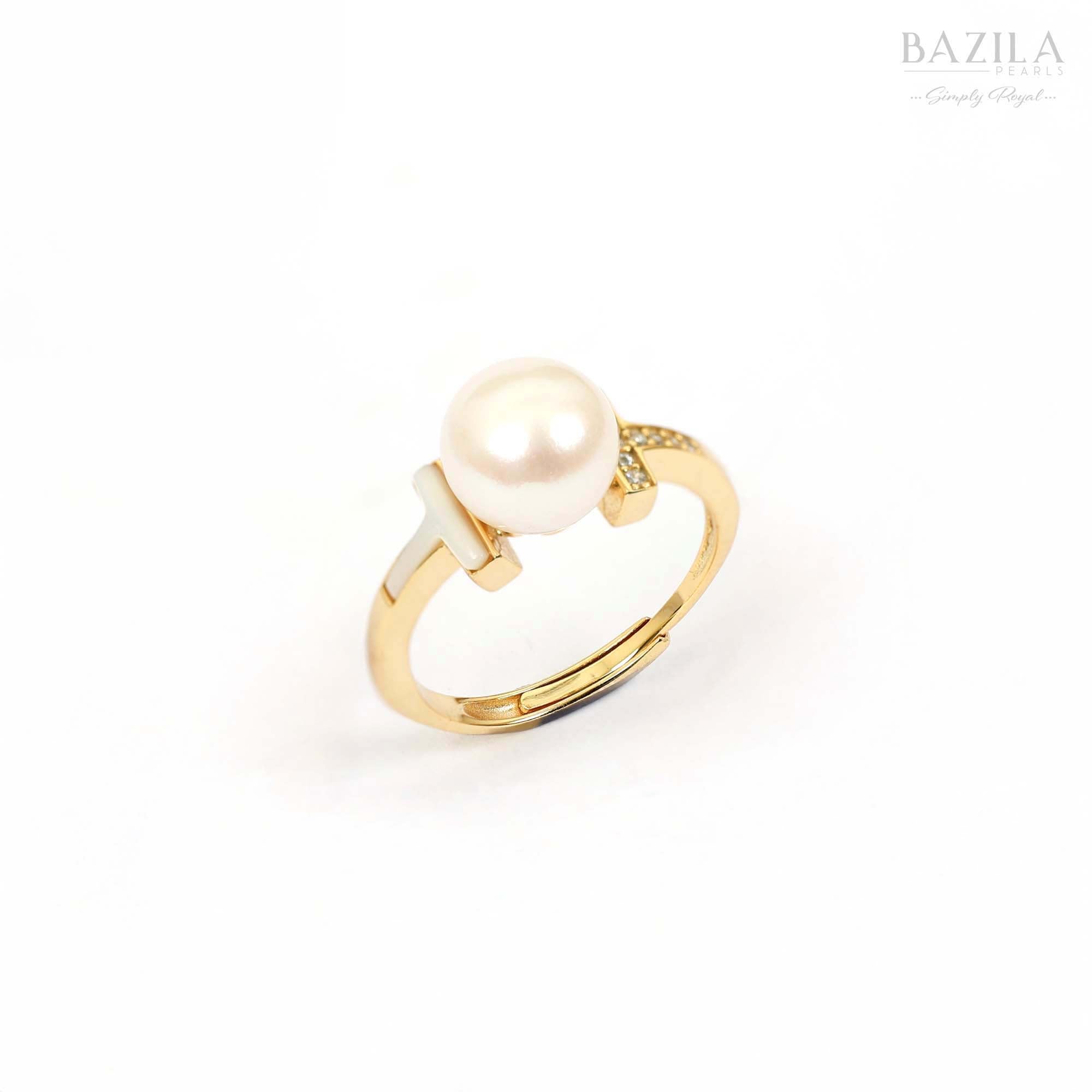 Gold T-Bar Ring with Lustrous White Pearl