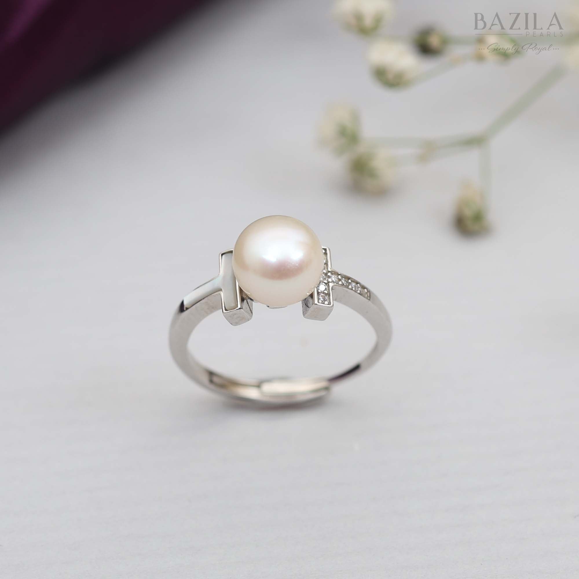 Sterling T-Bar Ring with Classic White Pearl
