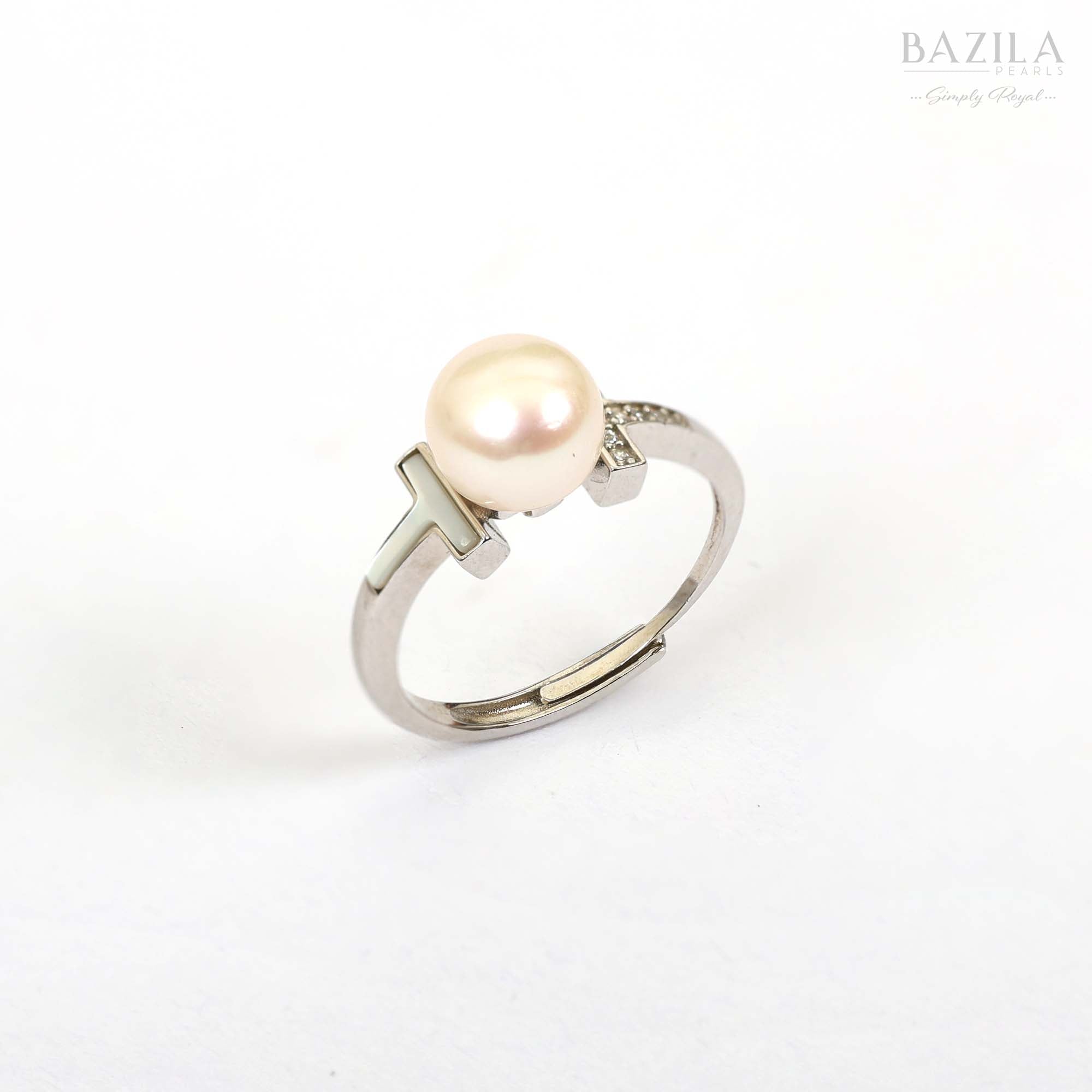 Sterling T-Bar Ring with Classic White Pearl