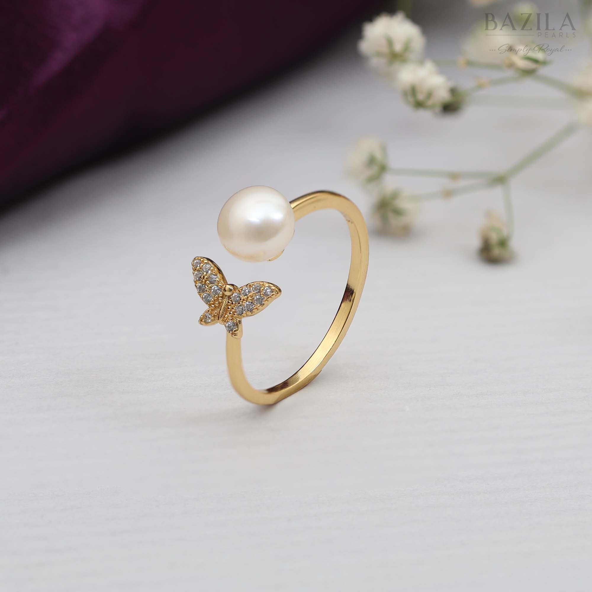 Golden Butterfly Ring with Classic White Pearl