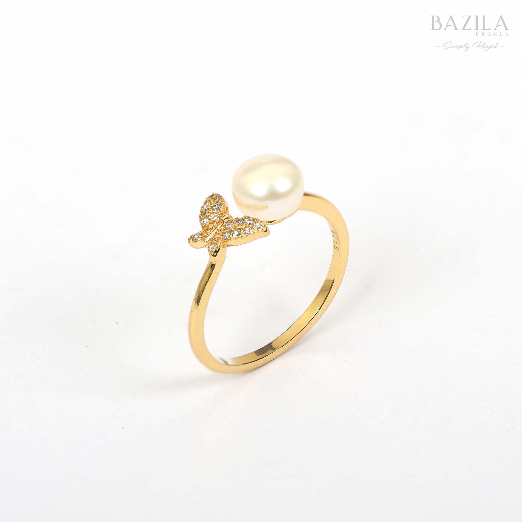 Golden Butterfly Ring with Classic White Pearl