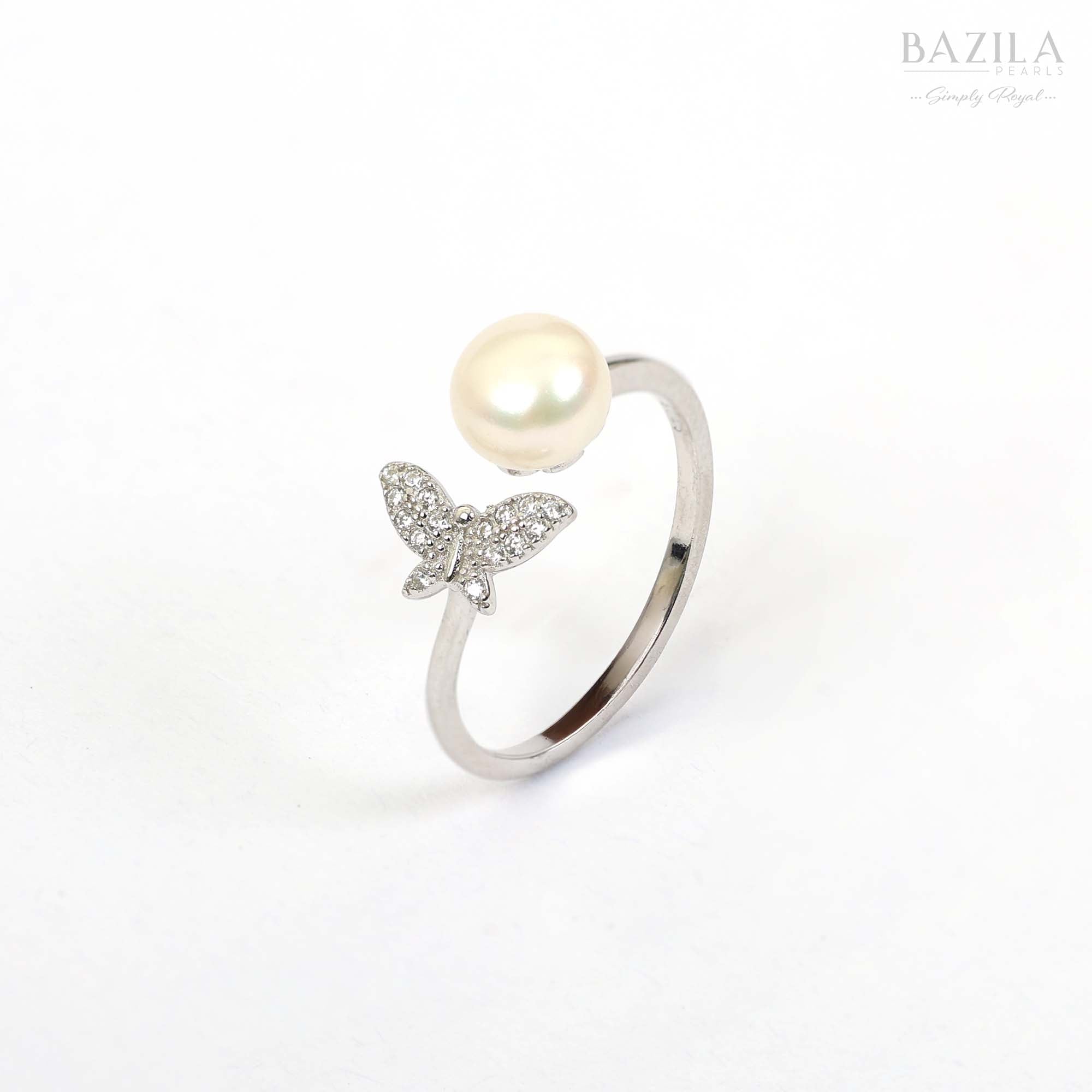 Silver Butterfly Ring with Timeless White Pearl