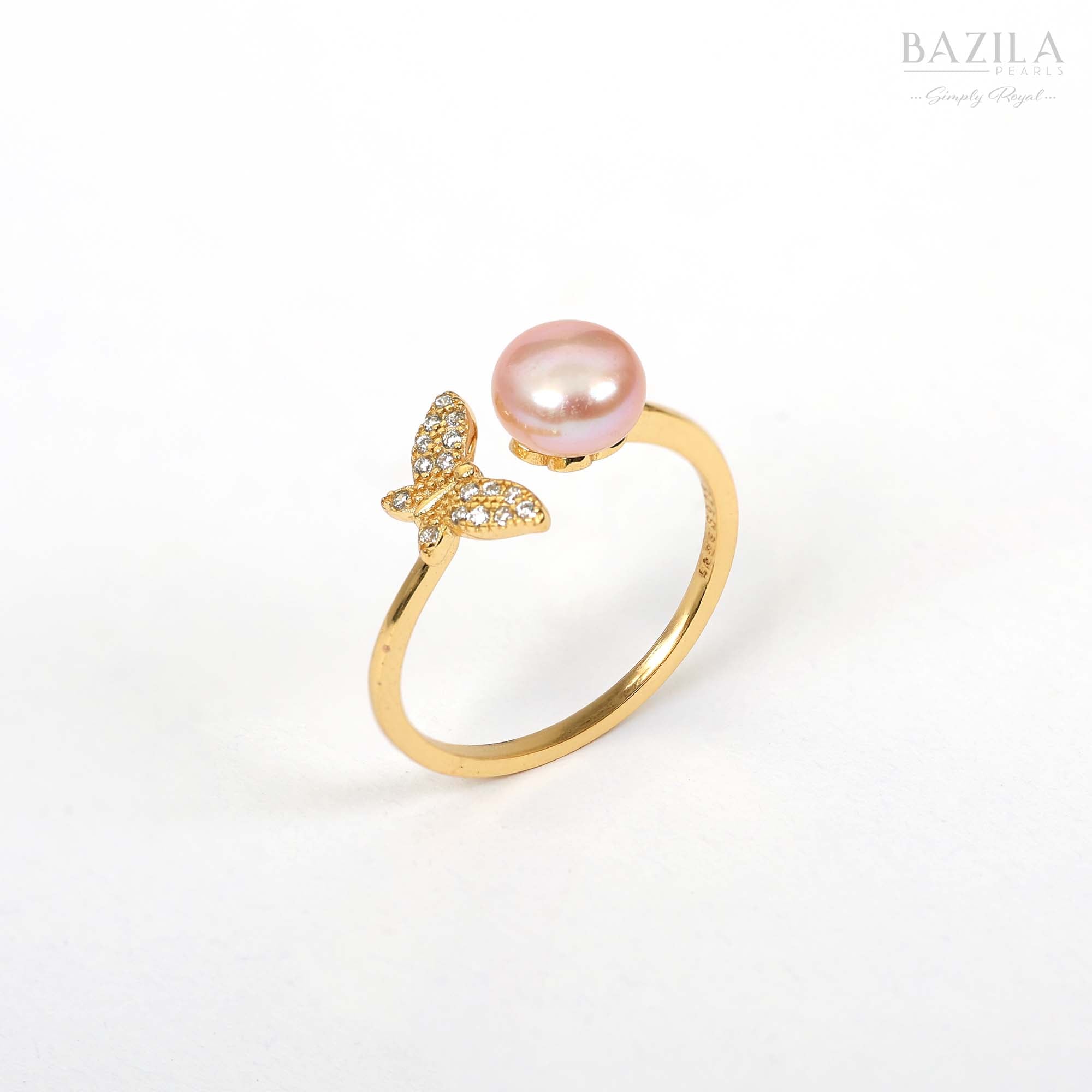 Gold Butterfly Ring with Radiant Pink Pearl
