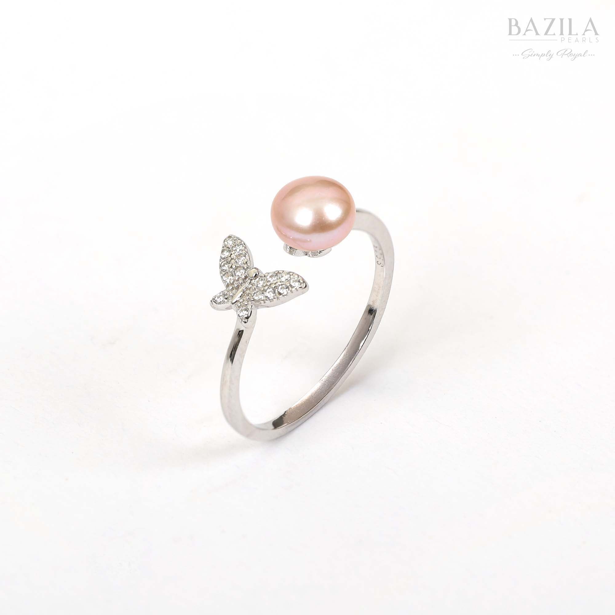 Silver Butterfly Ring with Blush Pink Pearl