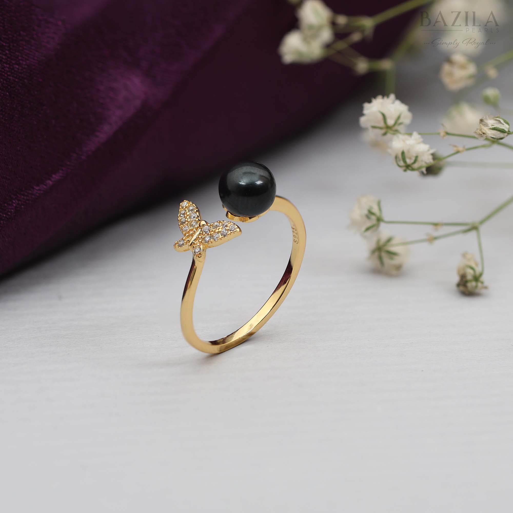 Gold Butterfly Ring with Deep Black Pearl
