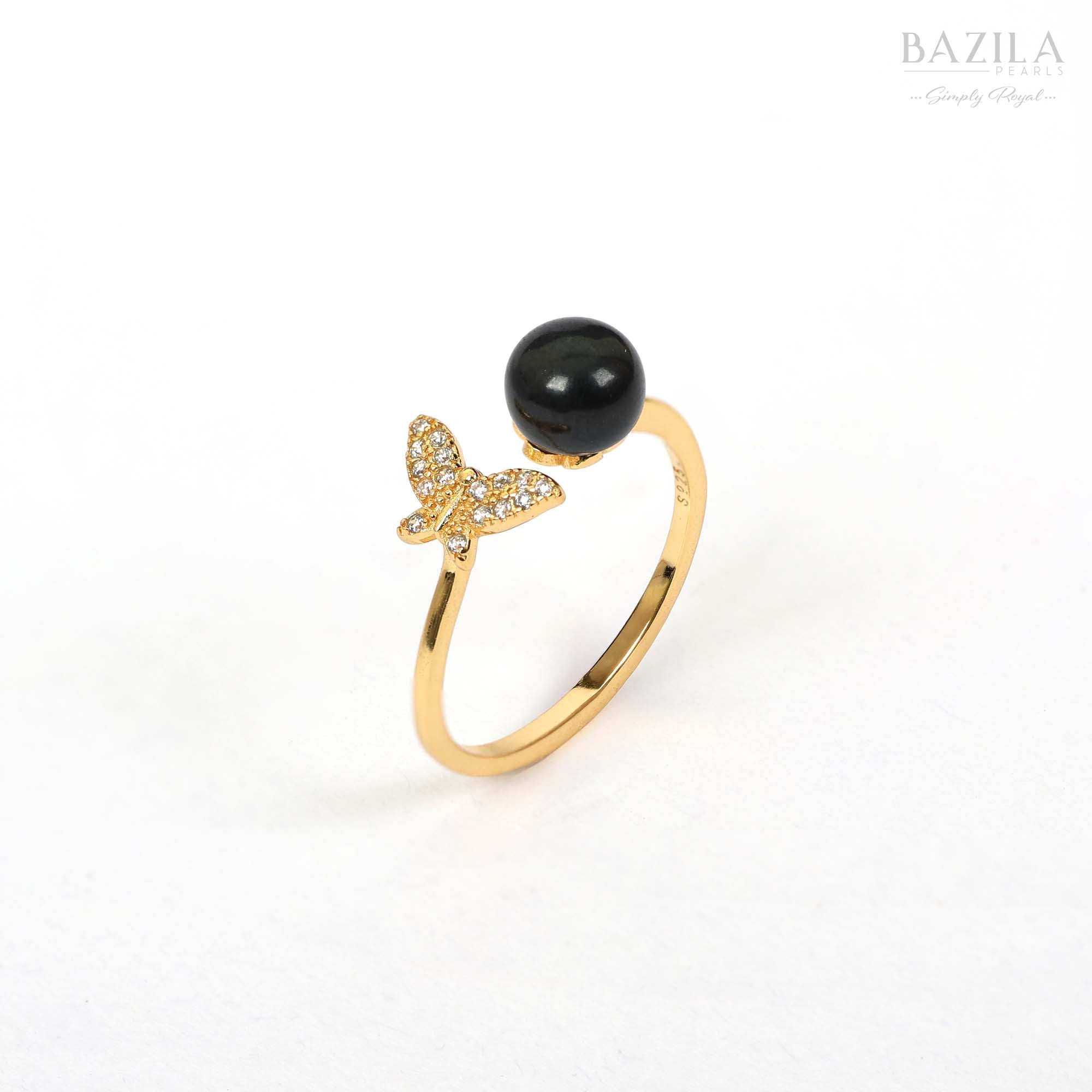 Gold Butterfly Ring with Deep Black Pearl