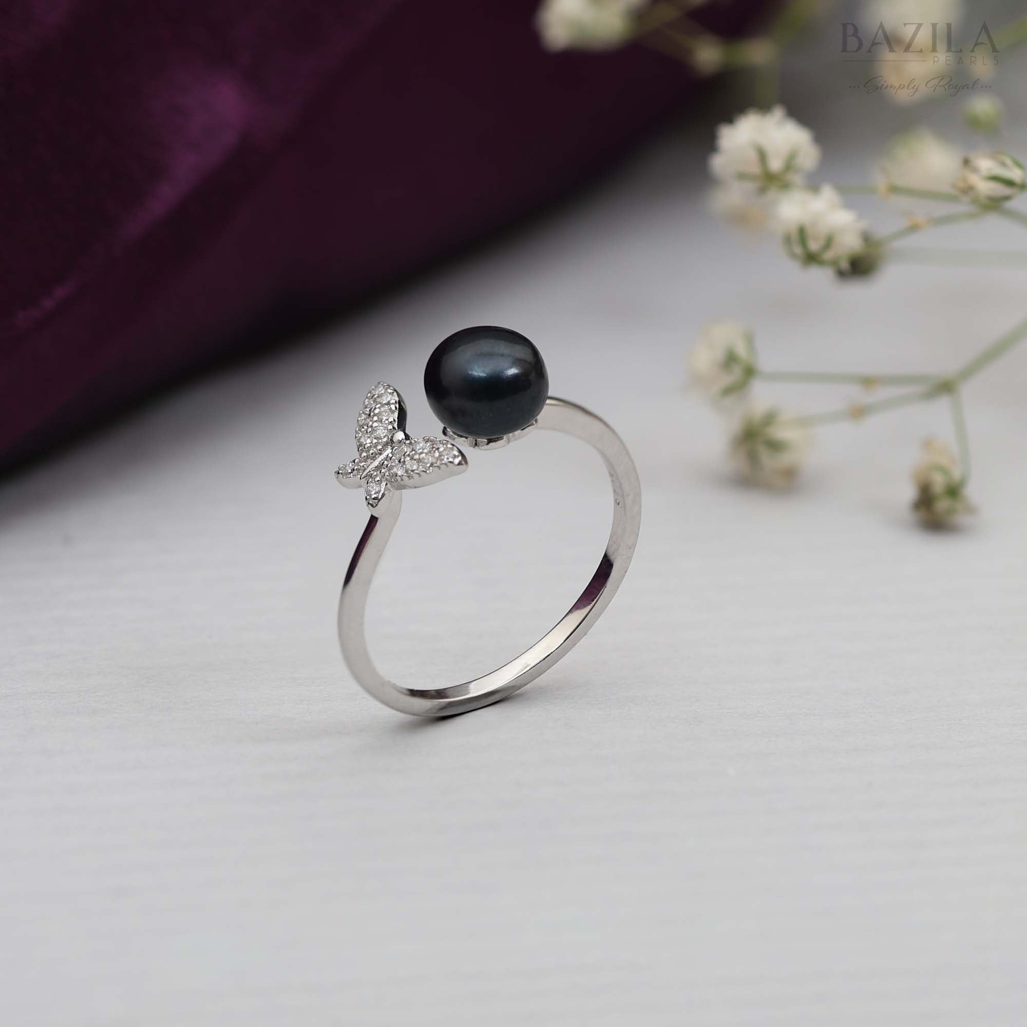 Silver Butterfly Ring with Black Pearl Accent