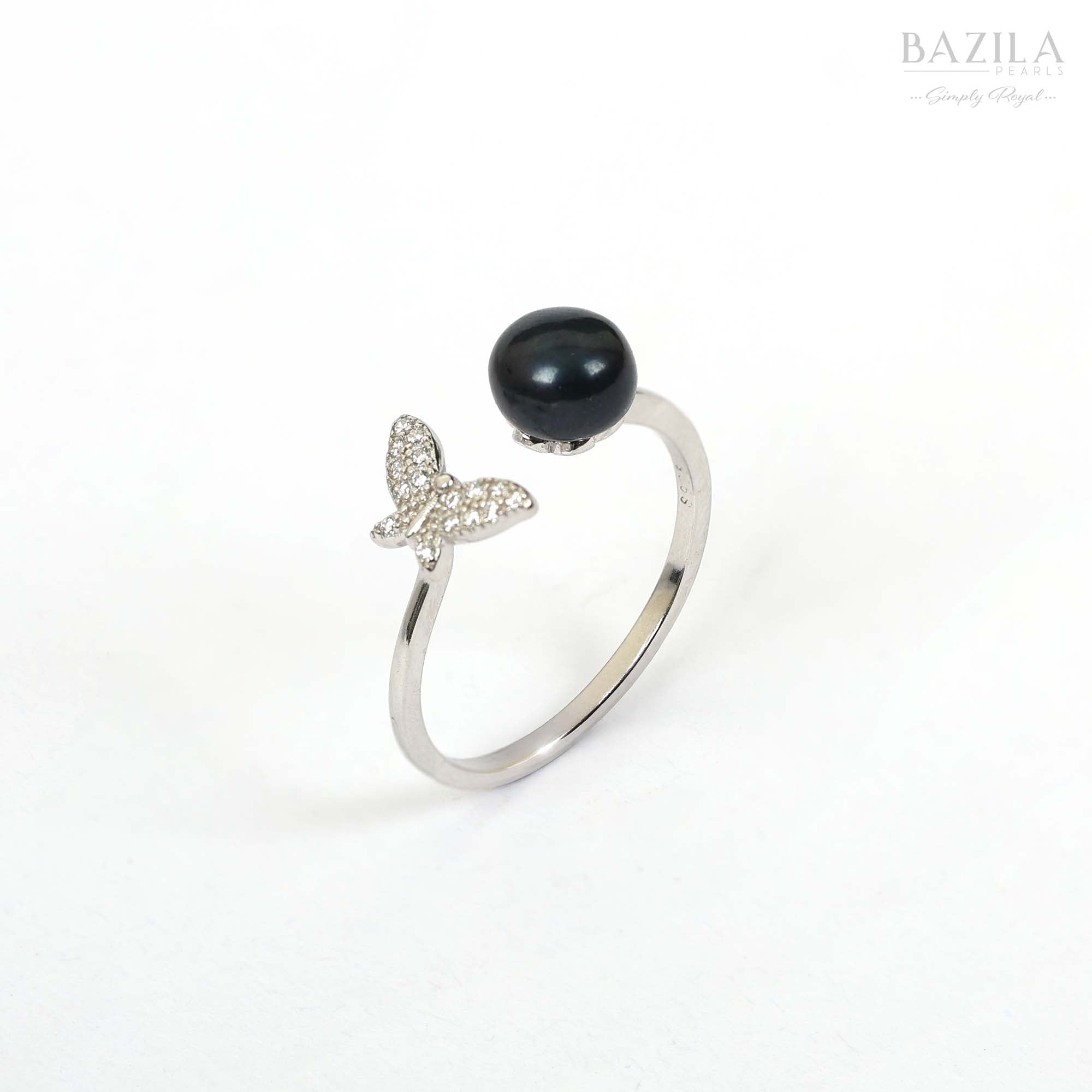 Silver Butterfly Ring with Black Pearl Accent