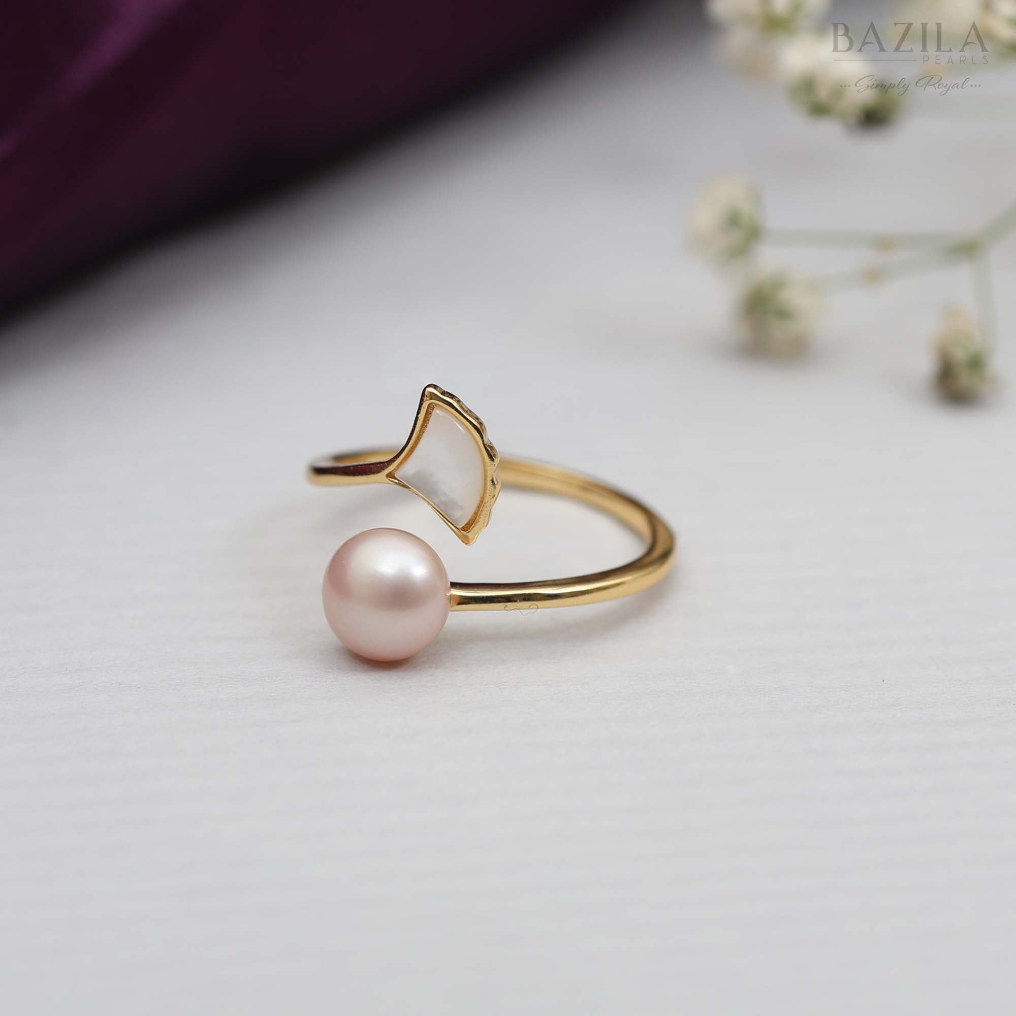 Gold Open Ring with Pink Pearl & Mother-of-Pearl Wing
