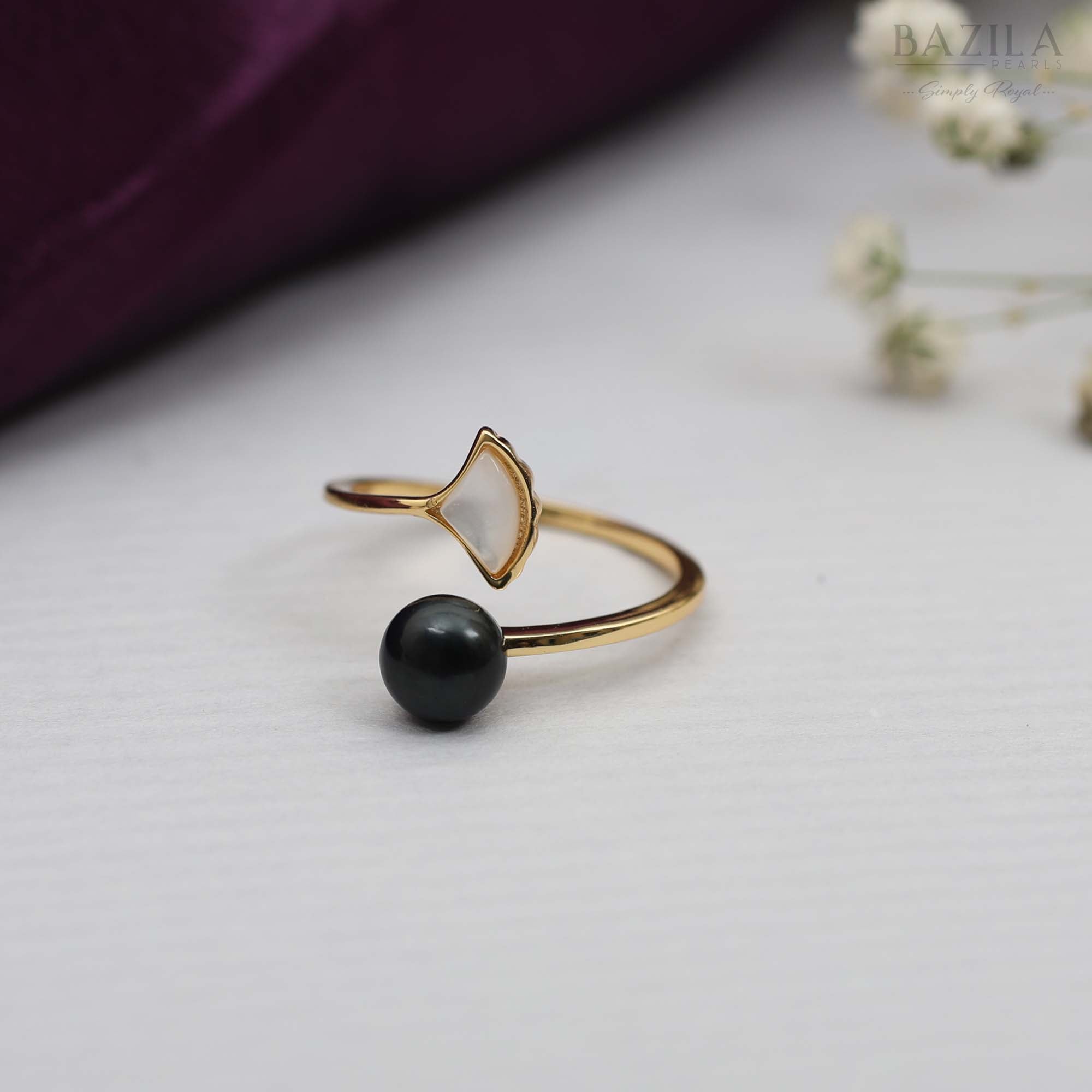 Gold Open Ring with Black Pearl & Mother-of-Pearl Wing Accent