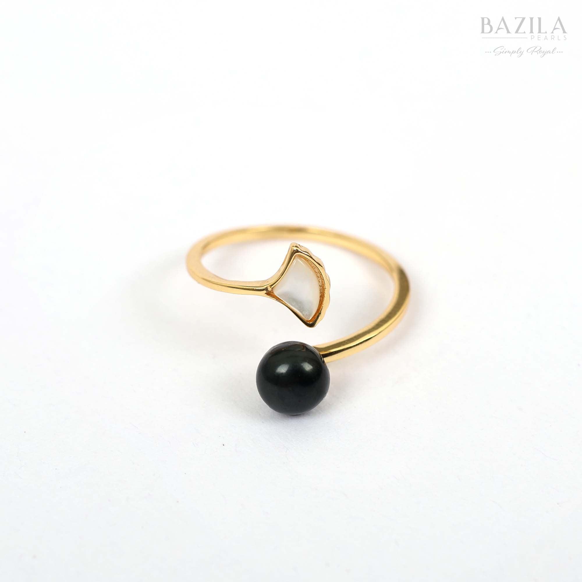 Gold Open Ring with Black Pearl & Mother-of-Pearl Wing Accent