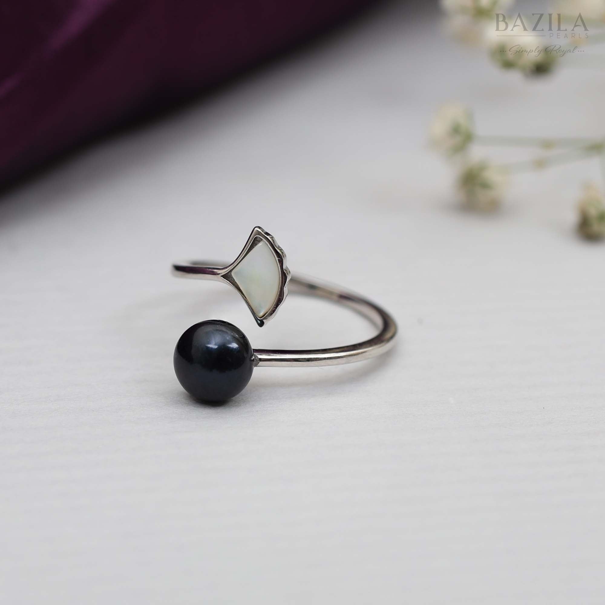 Sterling Silver Open Ring with Black Pearl & Mother-of-Pearl Wing Accent