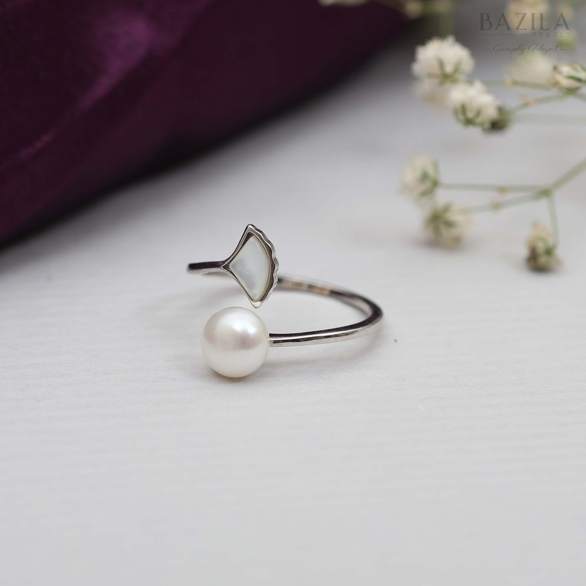 Sterling Silver Open Ring with White Pearl & Mother-of-Pearl Wing Accent