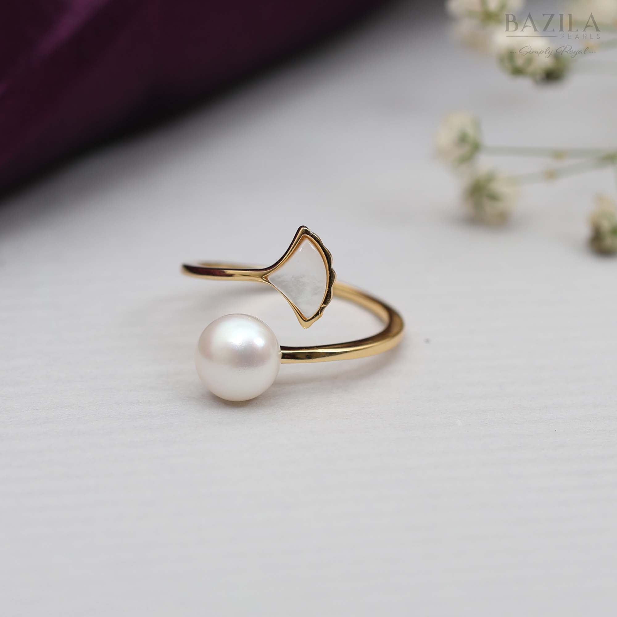 Gold-Plated Open Ring with White Pearl & Mother-of-Pearl Wing Design
