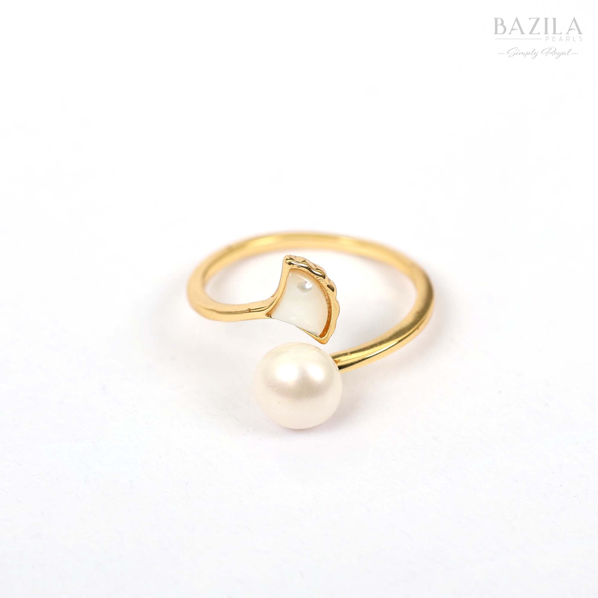 Gold-Plated Open Ring with White Pearl & Mother-of-Pearl Wing Design