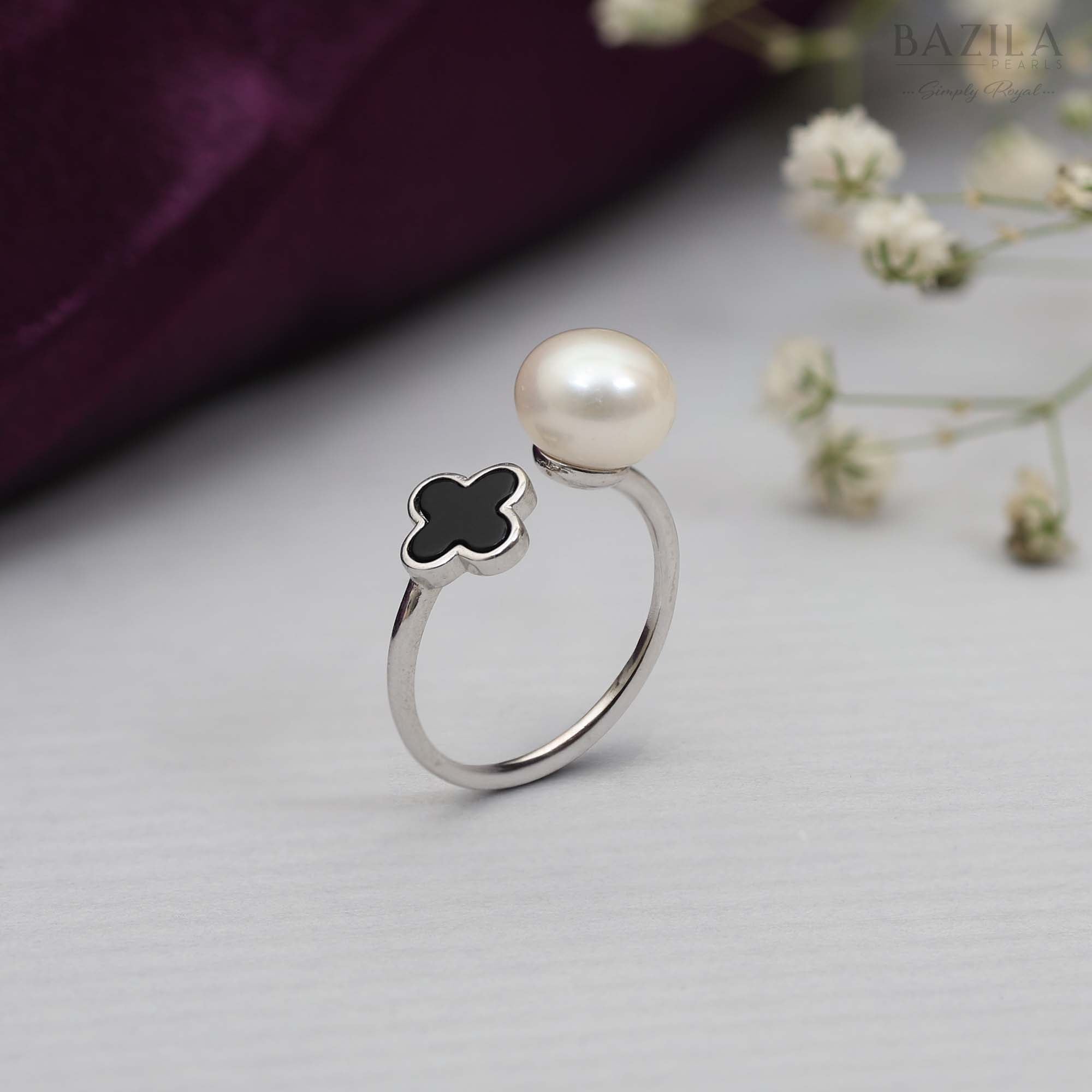 Sterling Silver Open Ring with White Pearl & Black Clover Enamel