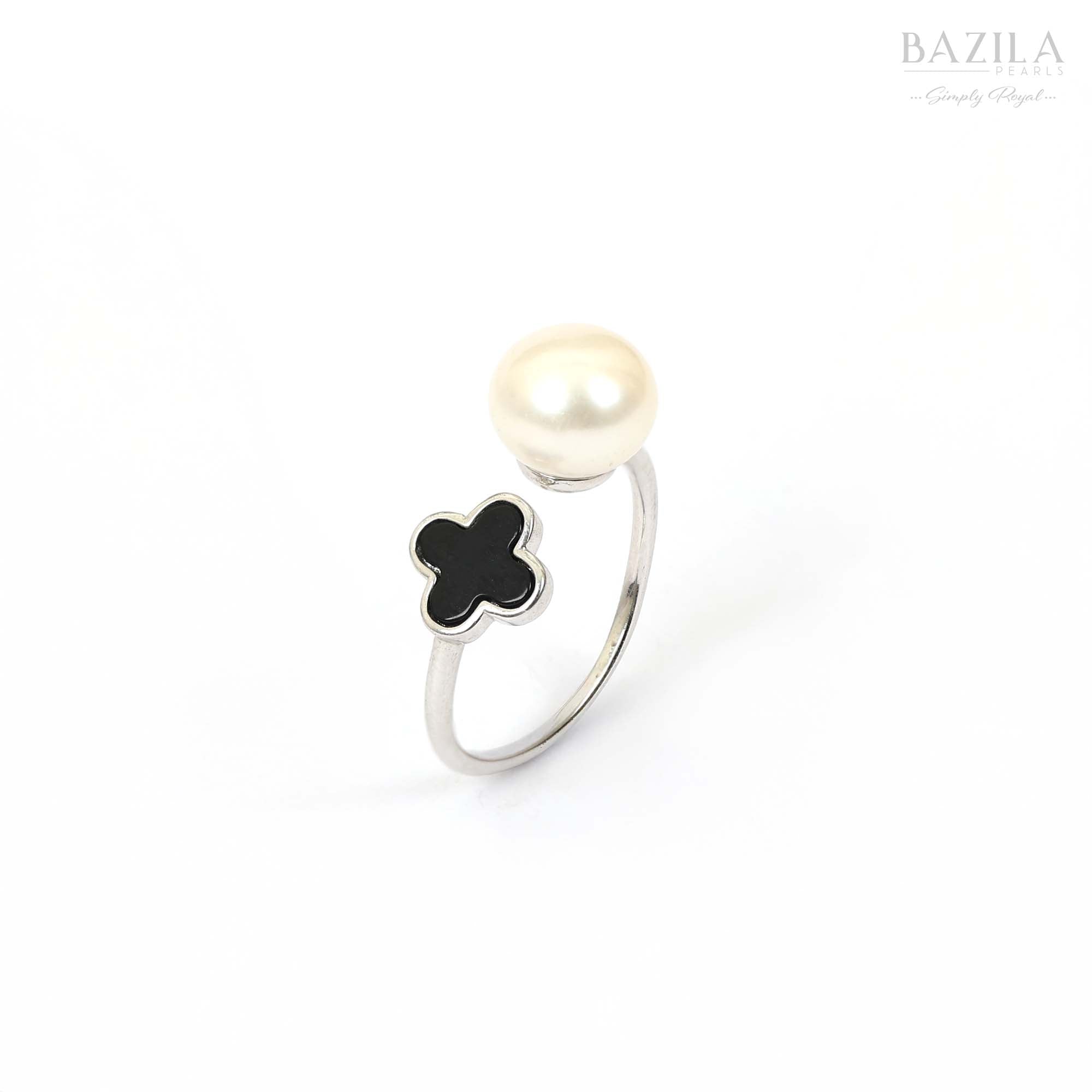 Sterling Silver Open Ring with White Pearl & Black Clover Enamel