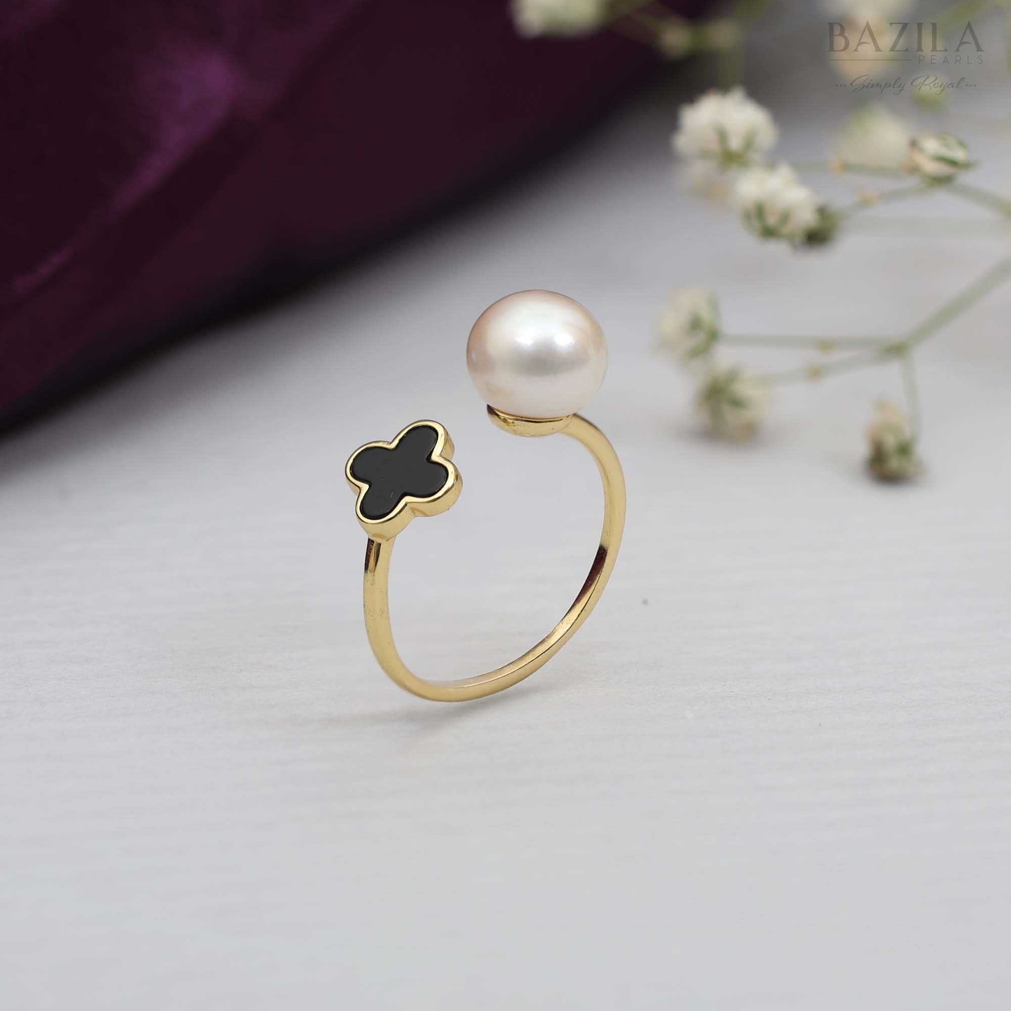 Gold-Plated Open Ring with White Pearl & Black Clover Accent