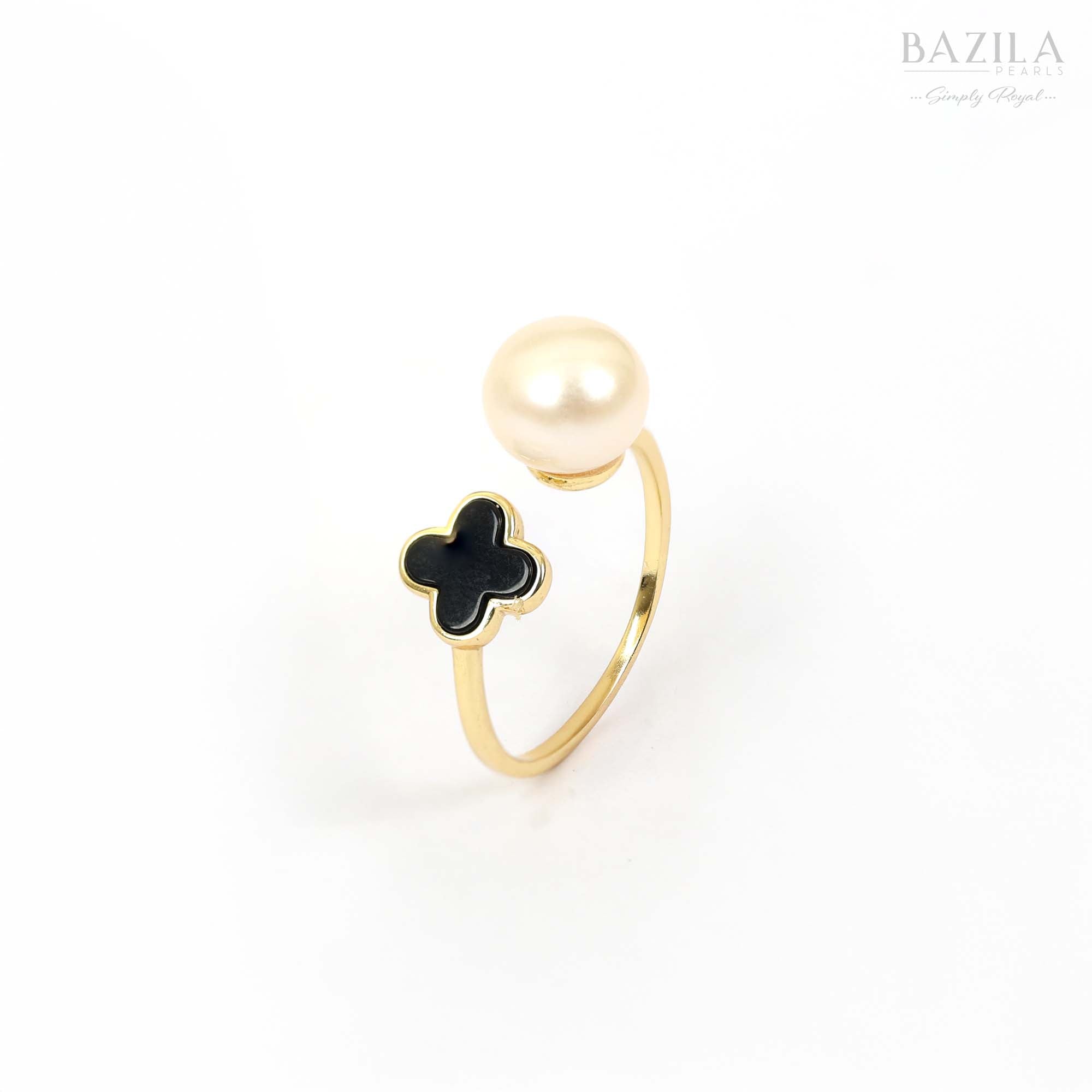 Gold-Plated Open Ring with White Pearl & Black Clover Accent