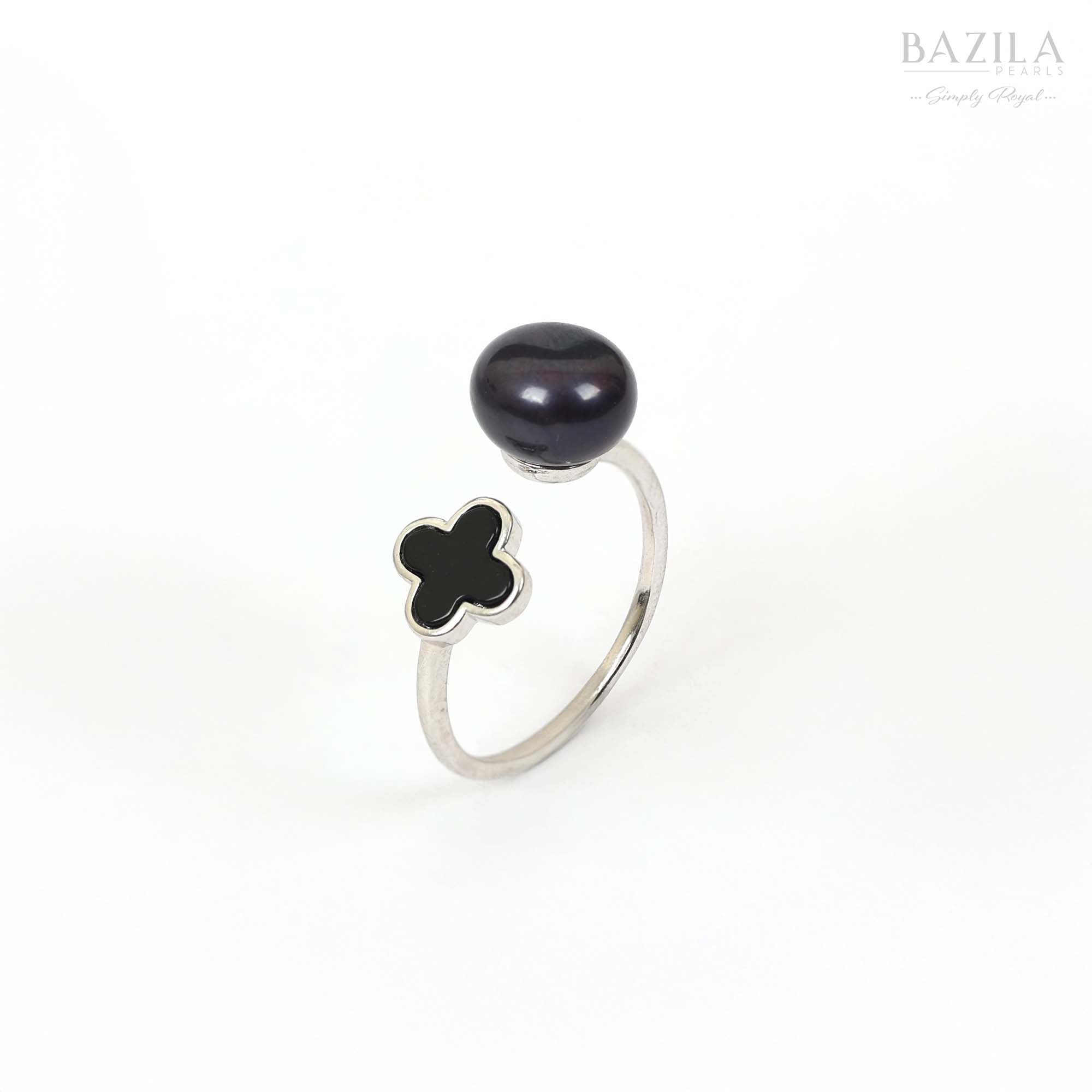 Sterling Silver Ring with Black Pearl & Onyx Clover