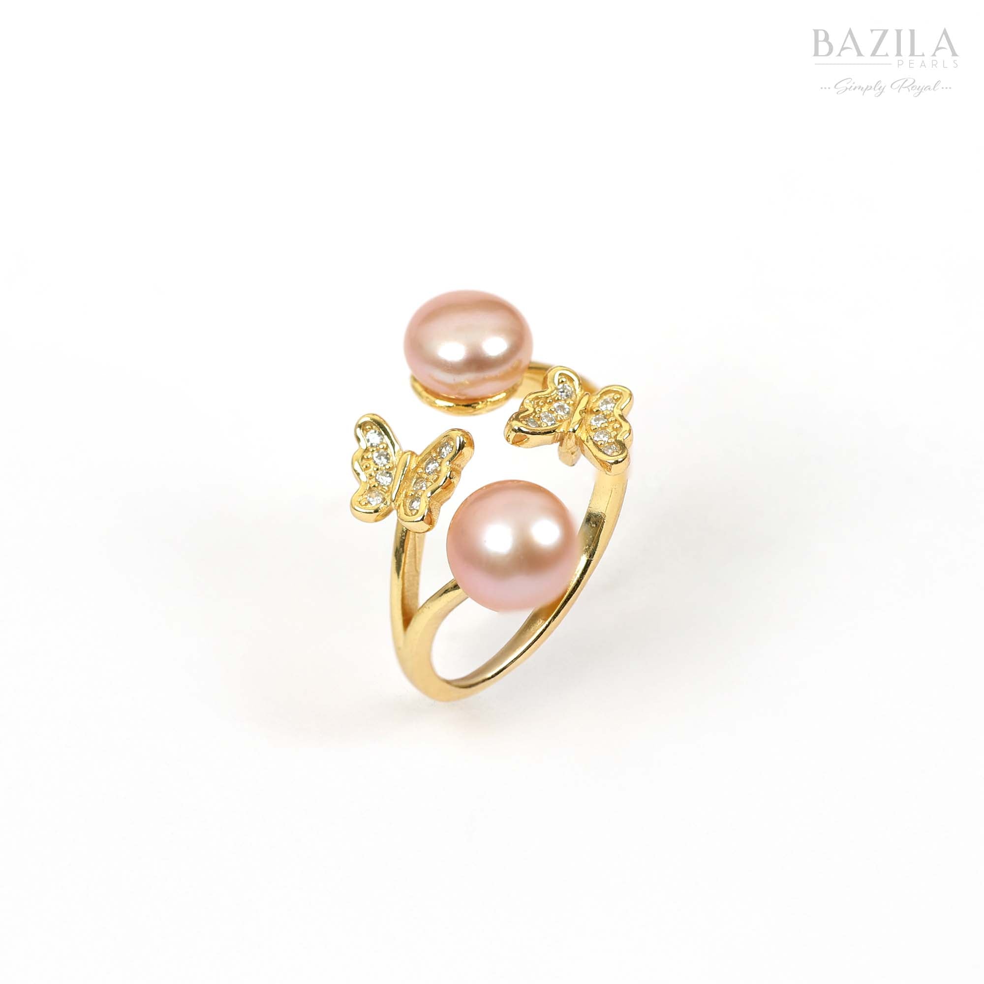 Dual Pink Pearl Ring with Butterfly Accents in Gold Finish